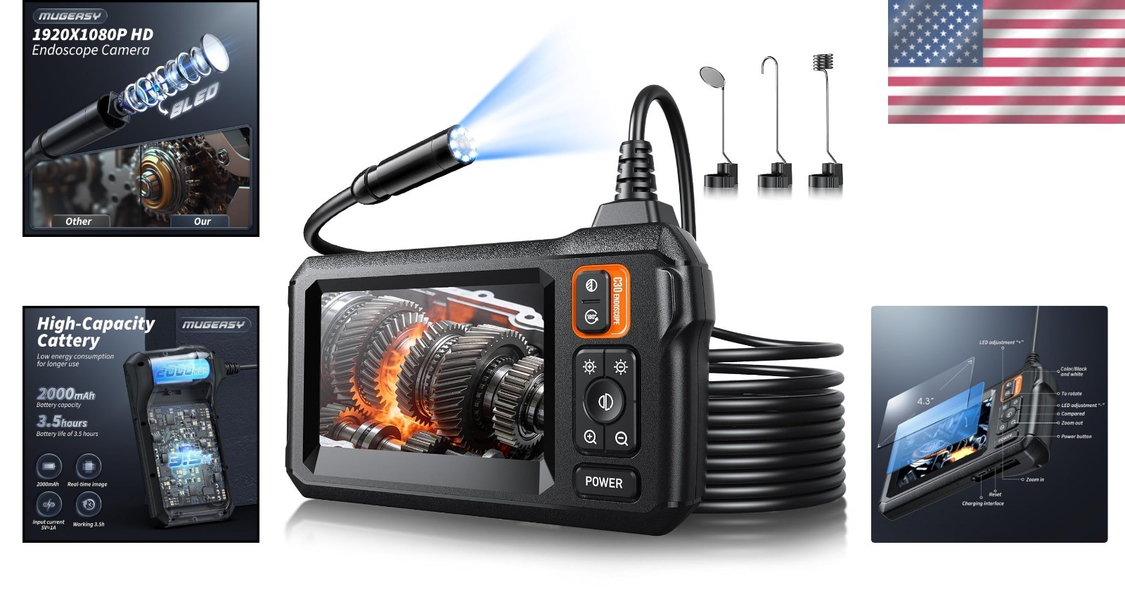 Waterproof Endoscope Camera with 4.3″ Screen & 8 LED Lights – 16.6FT