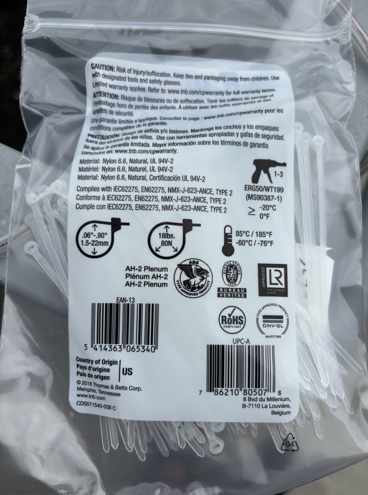 Thomas & Betts Ty-Rap TY523M 3.62″ 18lb Natural 100/bag New