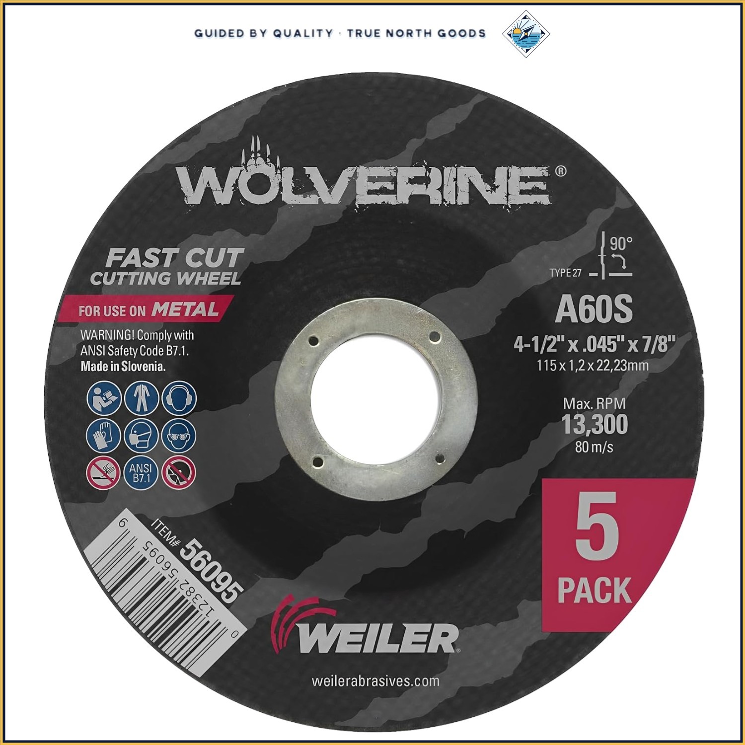 4.5 Inch Metal Cutting Wheels, Medium Grit, Pack of Five for Angle Grinders