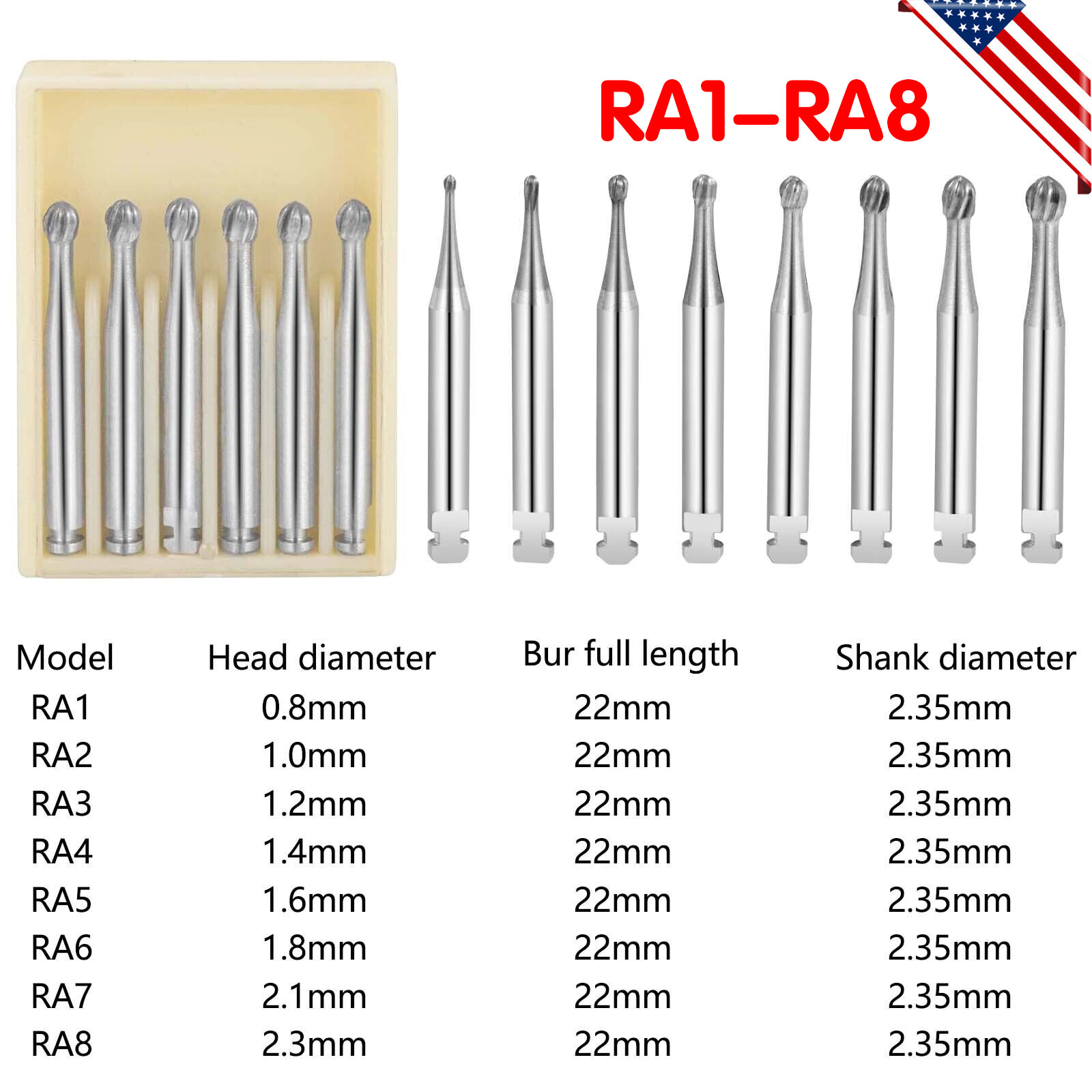 Dental Carbide Length Bur Latch Round Burs 1 2 3 4 5 6 7 8 fit Contra Angle