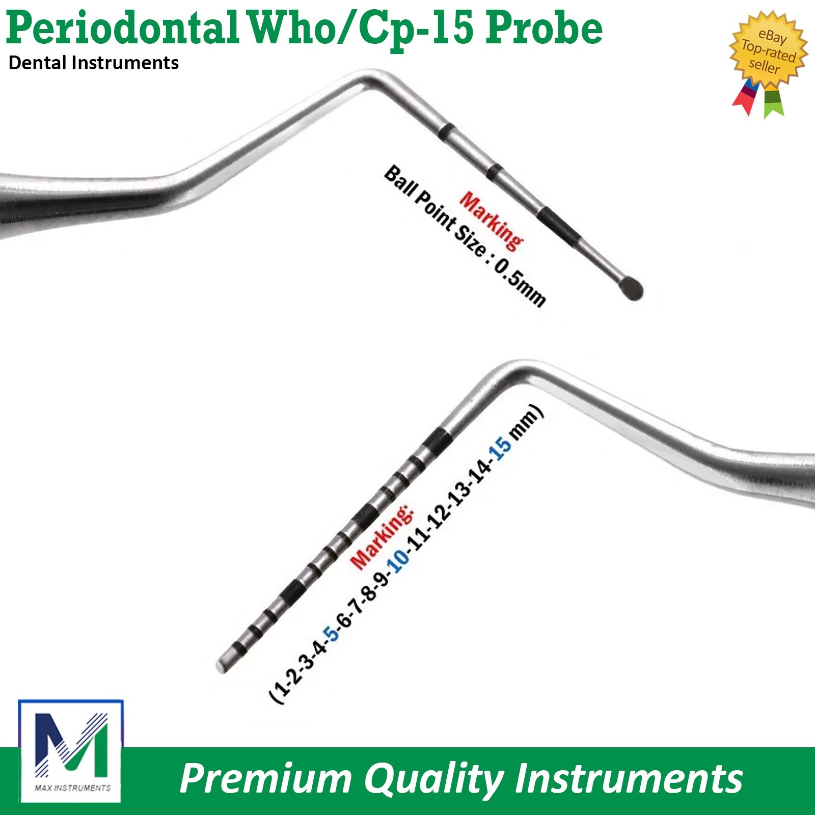 Dental Periodontal Probes UNC-15, WHO Ball Ended BPE Probe Markings Color Coated