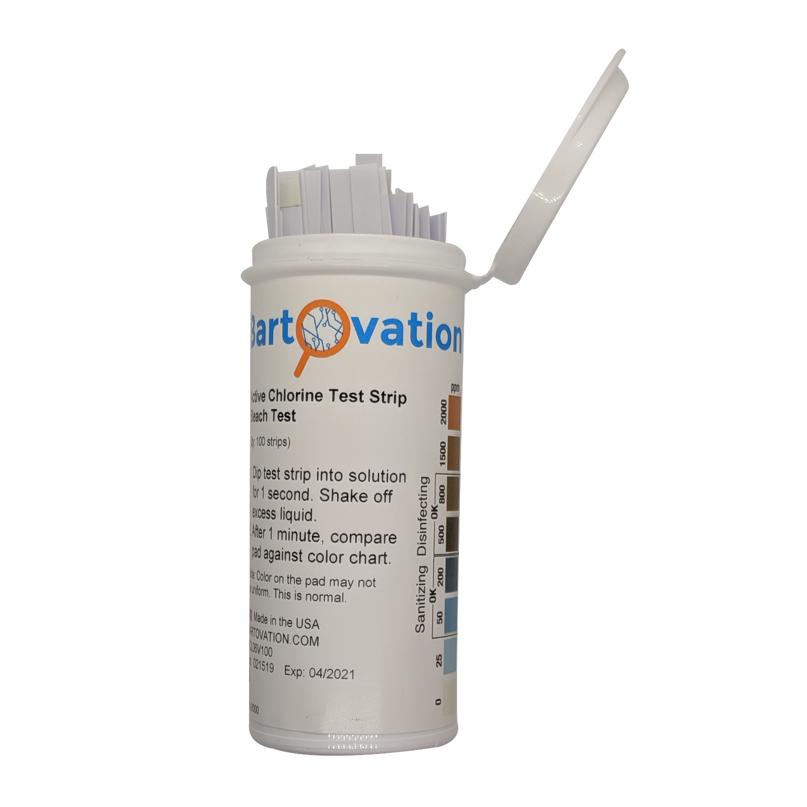 Active Chlorine Test Strips, 0-2000 ppm [Vial of 100 Plastic Strips]