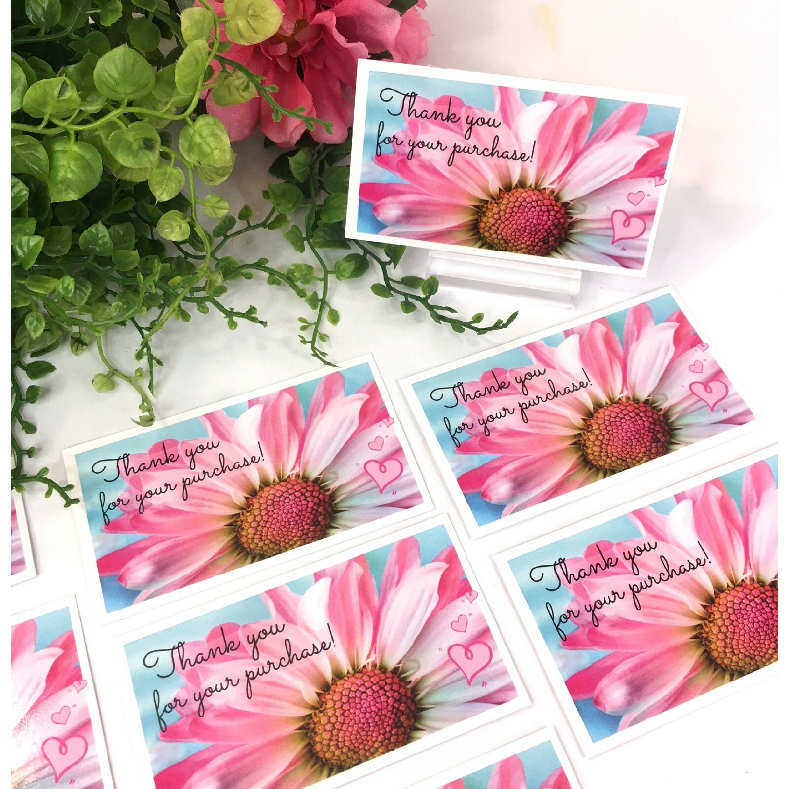 200 pc Business Set, Thank You Cards. Thank You Stickers, Pink Daisy 100 Sets