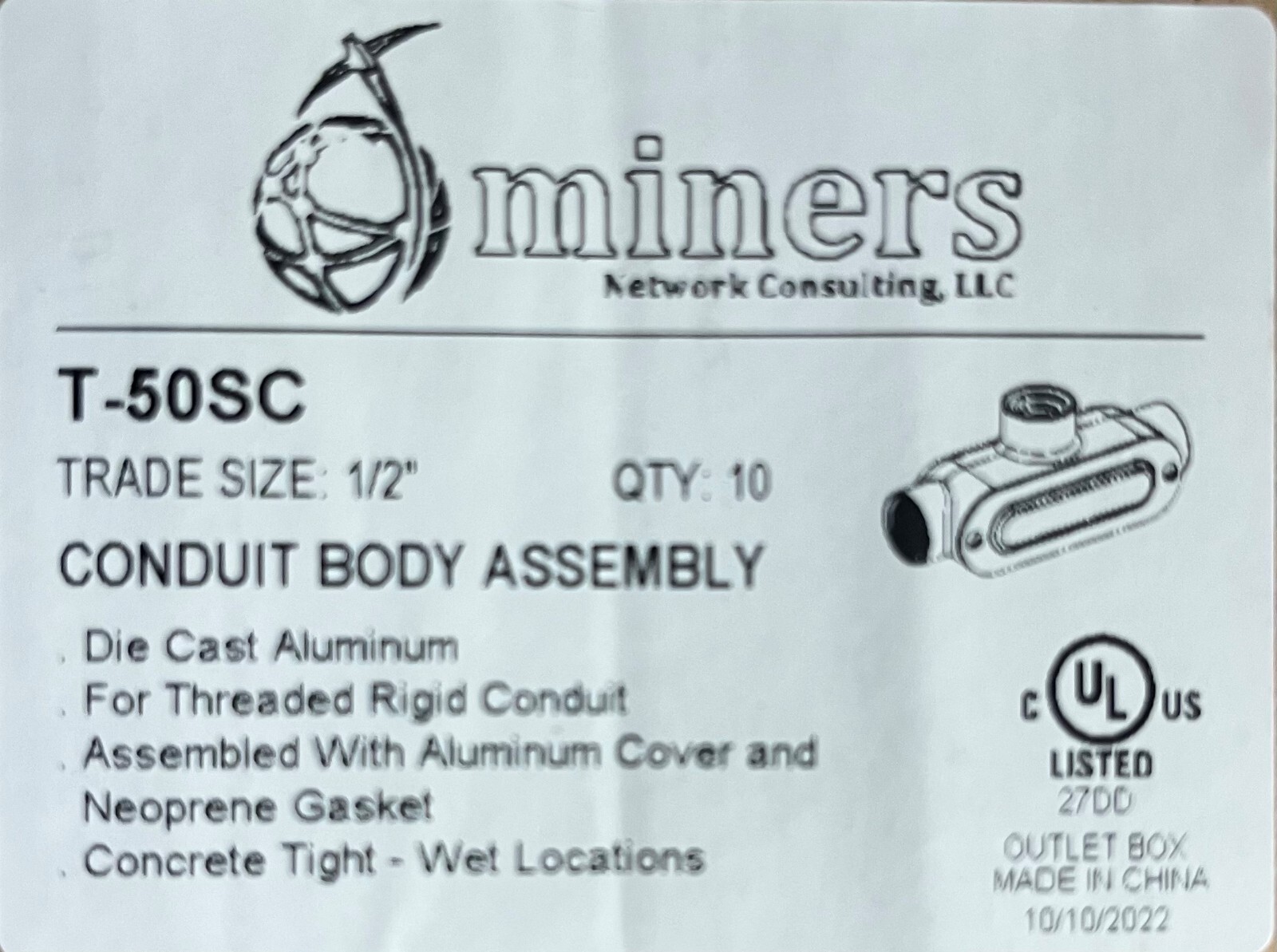 1/2″ Type T Conduit Body w cover & gasket; die-cast aluminum; threaded