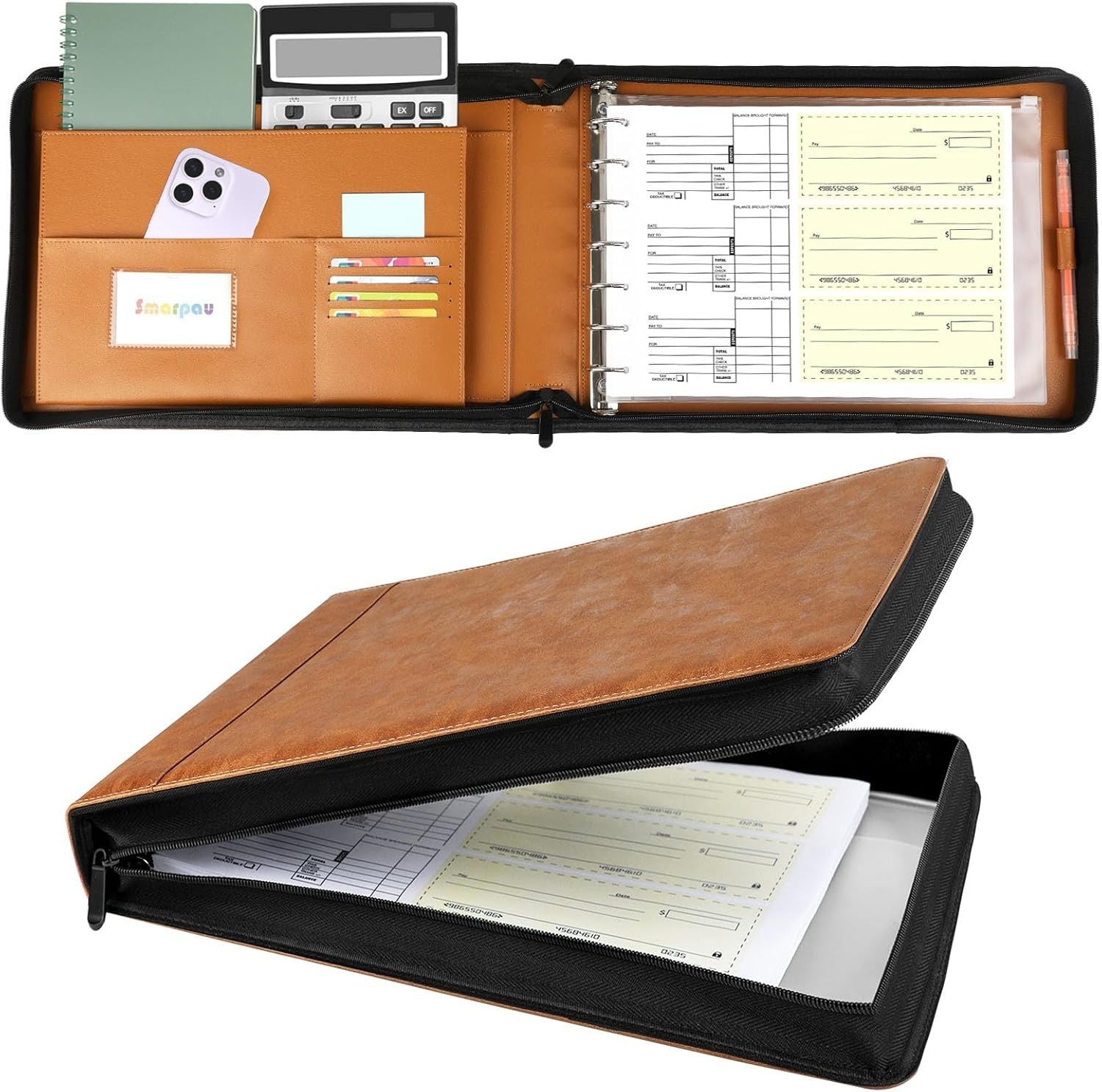 Business Checkbook Binder 7 Ring, PU Leather Check Binder Holds 600 Checks Capac