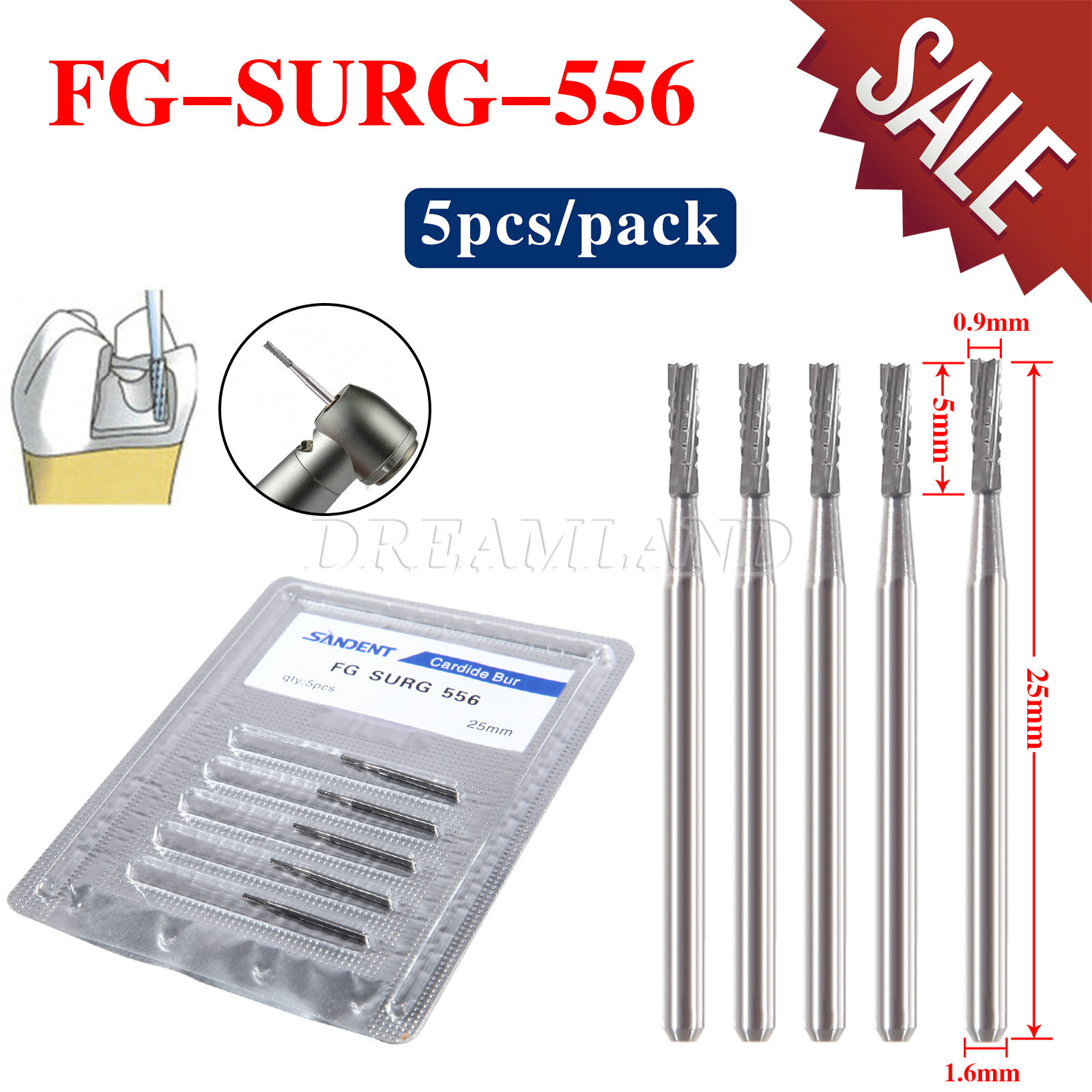 5PCS Cirugía quirúrgica dental Fresas redondas carburo tungsteno FGXL 556 558