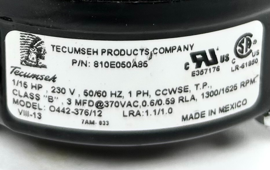 Tecumseh 810E050A85 Fan Motor 1/15HP 1300/1625RPM 230V 1Ph 1.4A 50/60Hz CCW