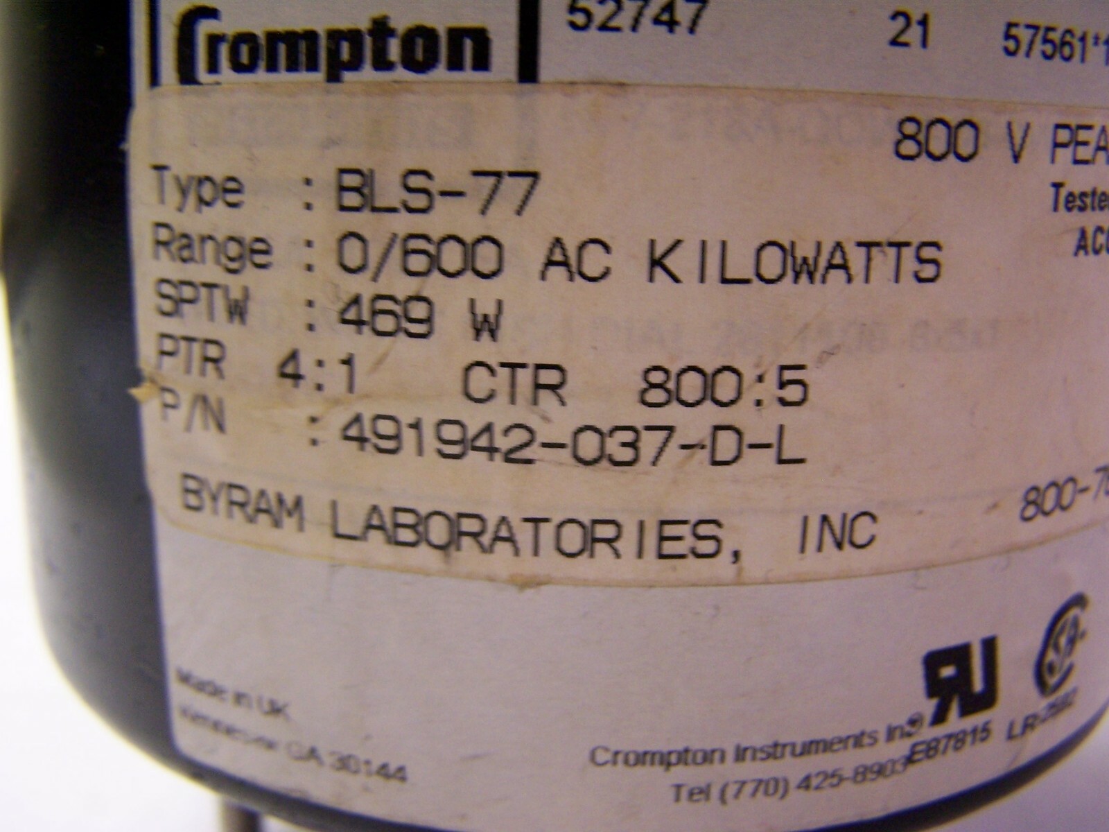 NEW ASCO CROMPTON BLS-77 0-600 AC KILOWATTS PANEL METER 491942-037-D-L