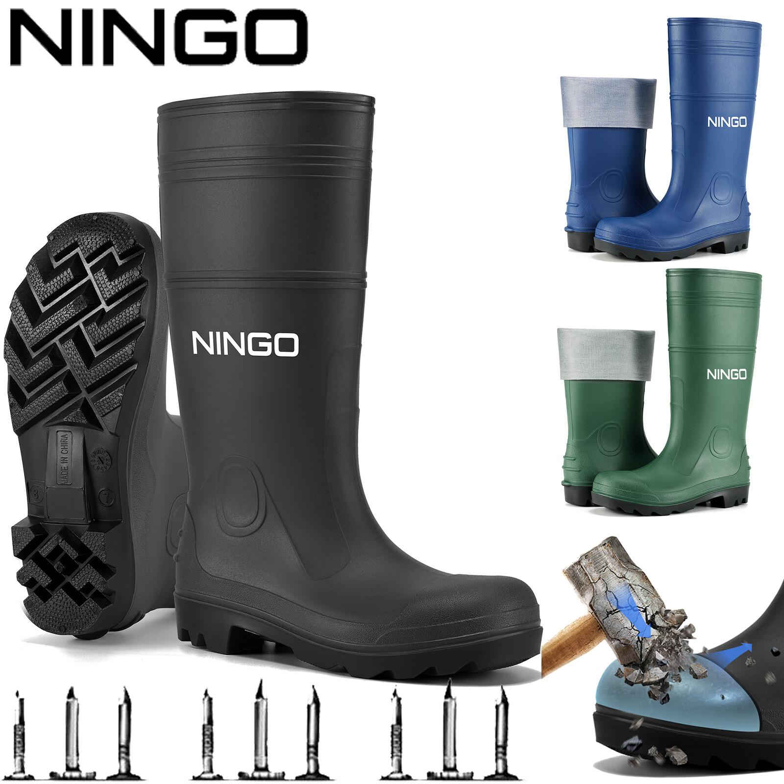 NINGO Men Steel Toe PVC Rain Boots Waterproof Cushioning Safety Work Boots Farm