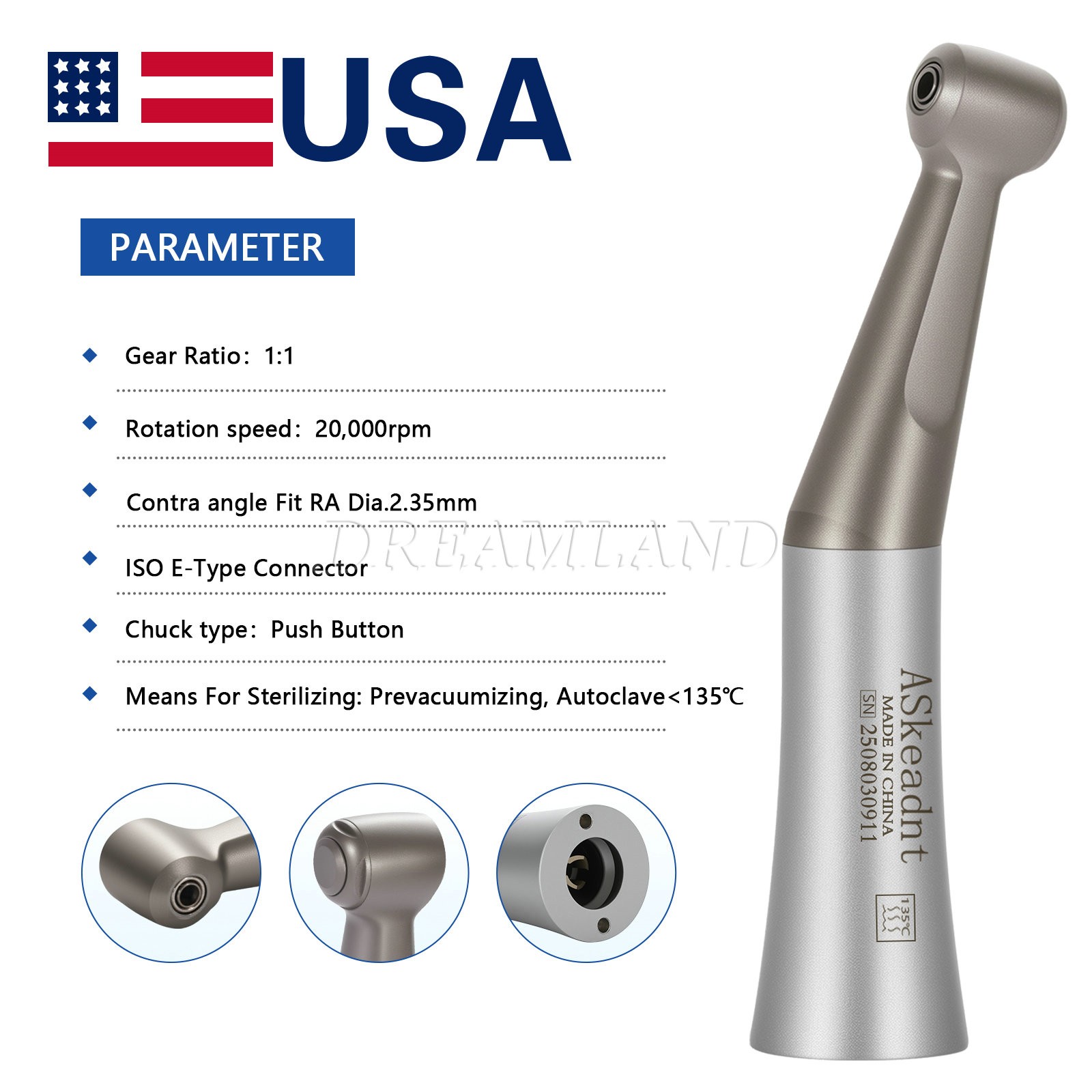 NSK Style Dental Slow Low Speed Contra Angle Handpiece Push Button/Latch USA