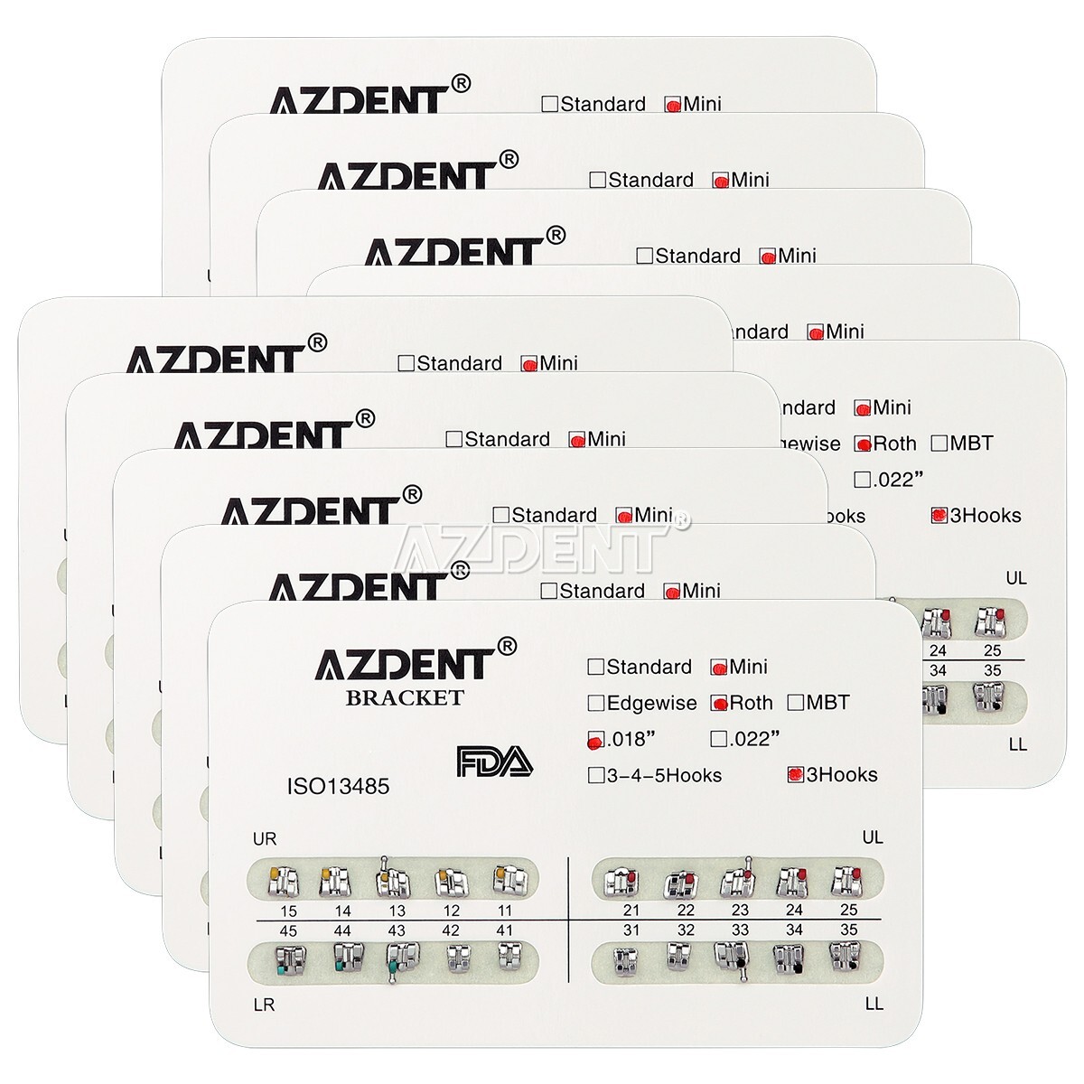 AZDENT Brackets de Ortodoncia Dental Estándar Roth MBT.022/018 con Ganchos 3/345