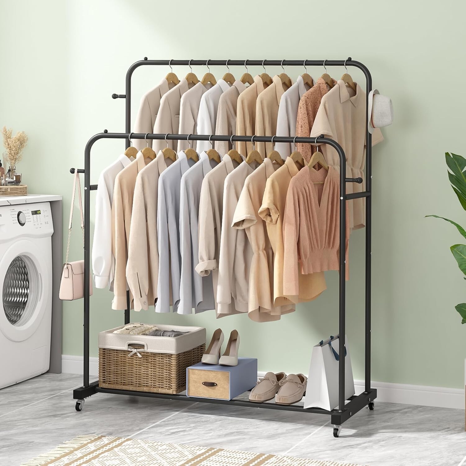 Modern Freestanding Clothes Organizer with Wheels and Dual Rods – Sleek Black
