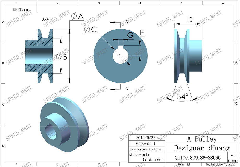 A Type Pulley V Groove Bore 10-15mm OD 50mm for A Belt Motor
