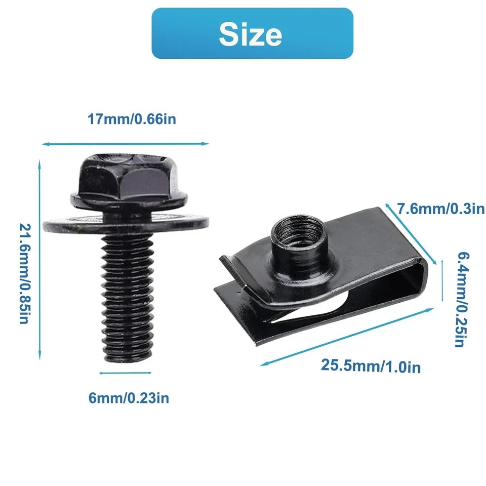 100 Pcs M6-1.0 Body Bolts and U Nuts Kits, Bumper Fender Liner Push Pull -Black