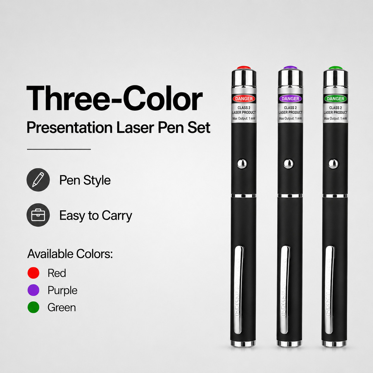 3 Pack Class II Presentation Laser Pointer Pens Red Green Violet 1mW AAA