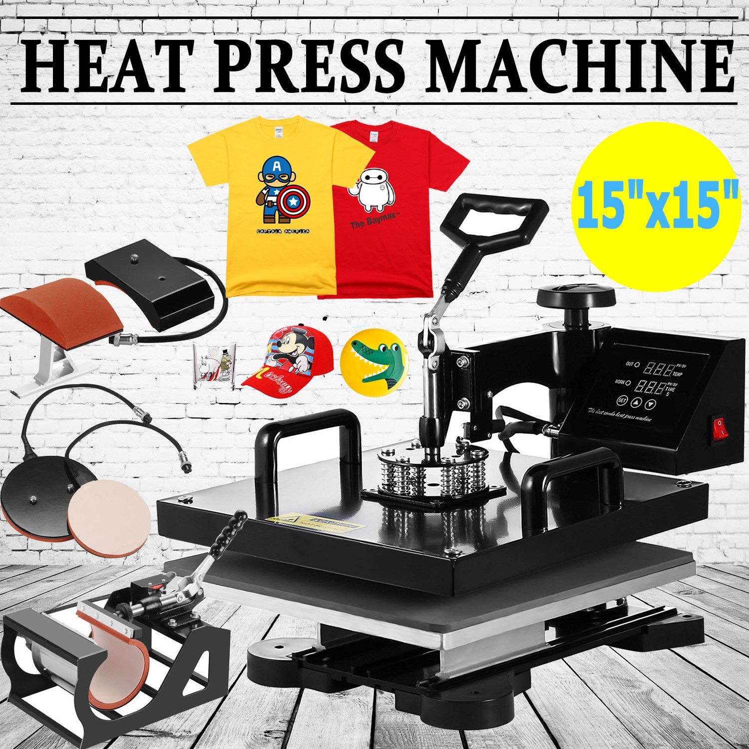 5 in 1 T-Shirt Heat Press Machine 15 x 15 in Transfer Sublimation Mug Hat Plate