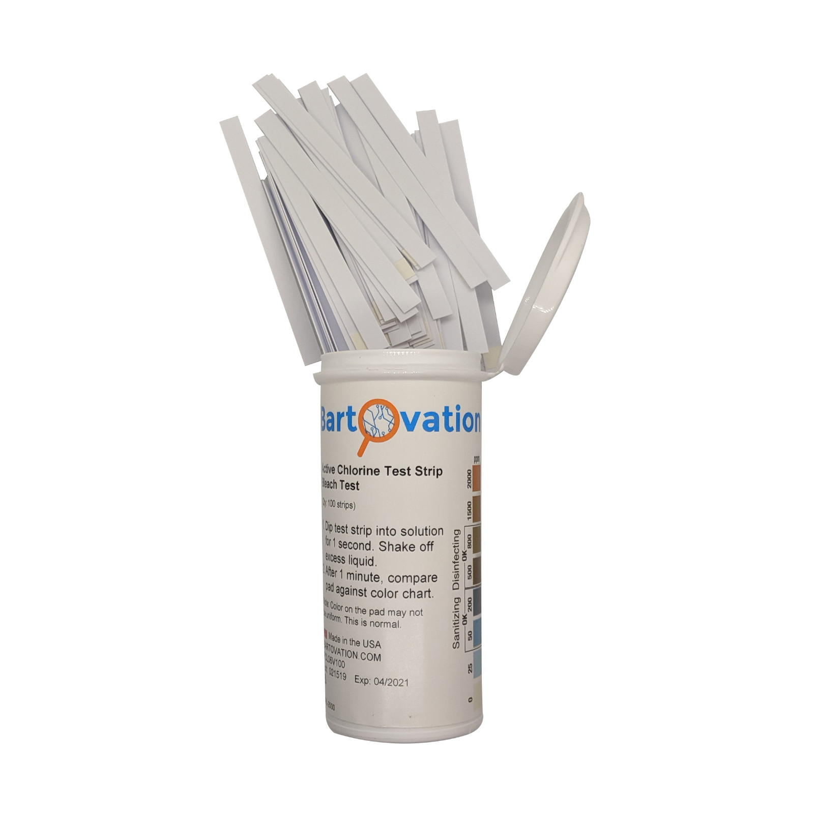 Active Chlorine Test Strips, 0-2000 ppm [Vial of 100 Plastic Strips]