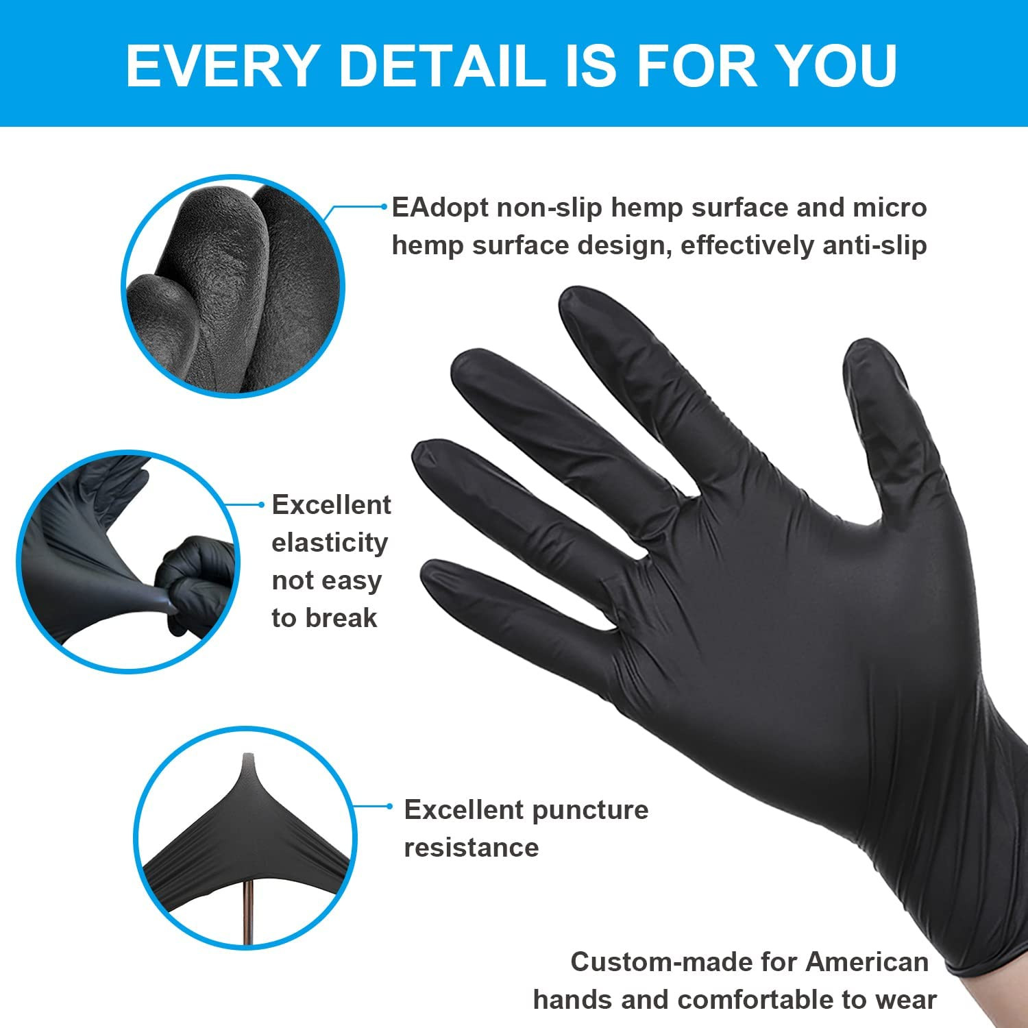 – Black Nitrile Disposable Gloves, Exam Gloves, Powder-Free, Latex-Free, 3Mil, C