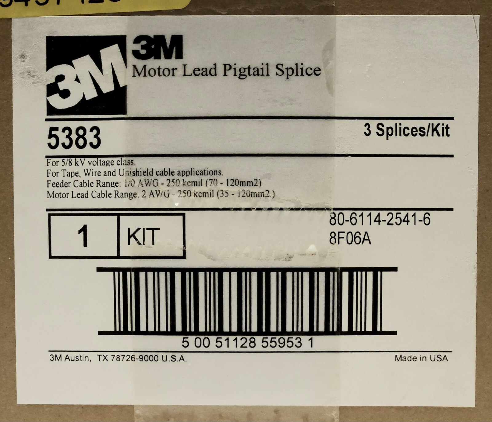 SEALED 3M 5383 Motor Lead Pigtail Splice Kit 3 Splices For 5/8 KV Voltage 80 611