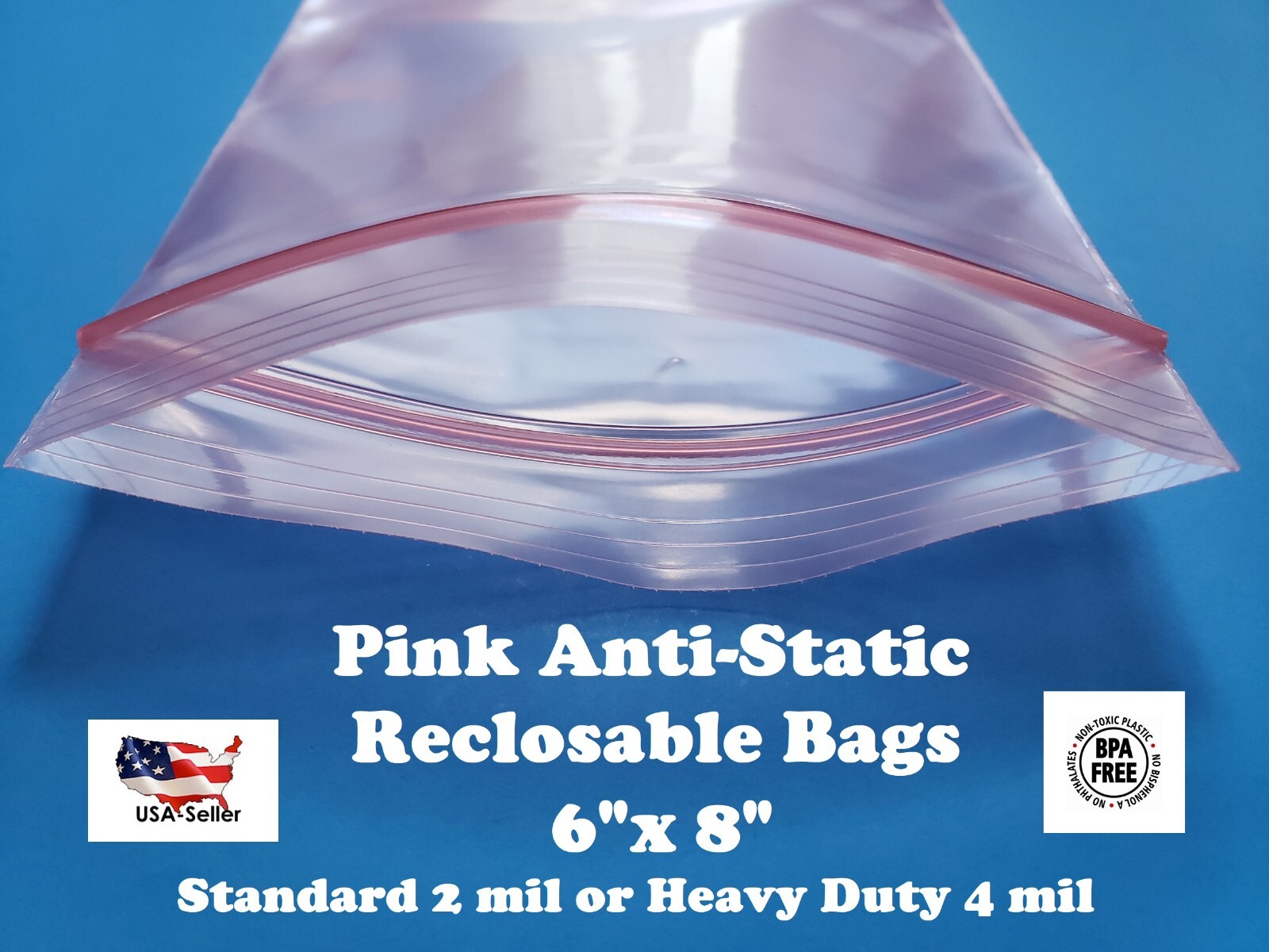 6″ x 8″ Anti Static Pink 2 or 4-Mil Zip Seal HEAVY-DUTY Reclosable Top Lock Bags