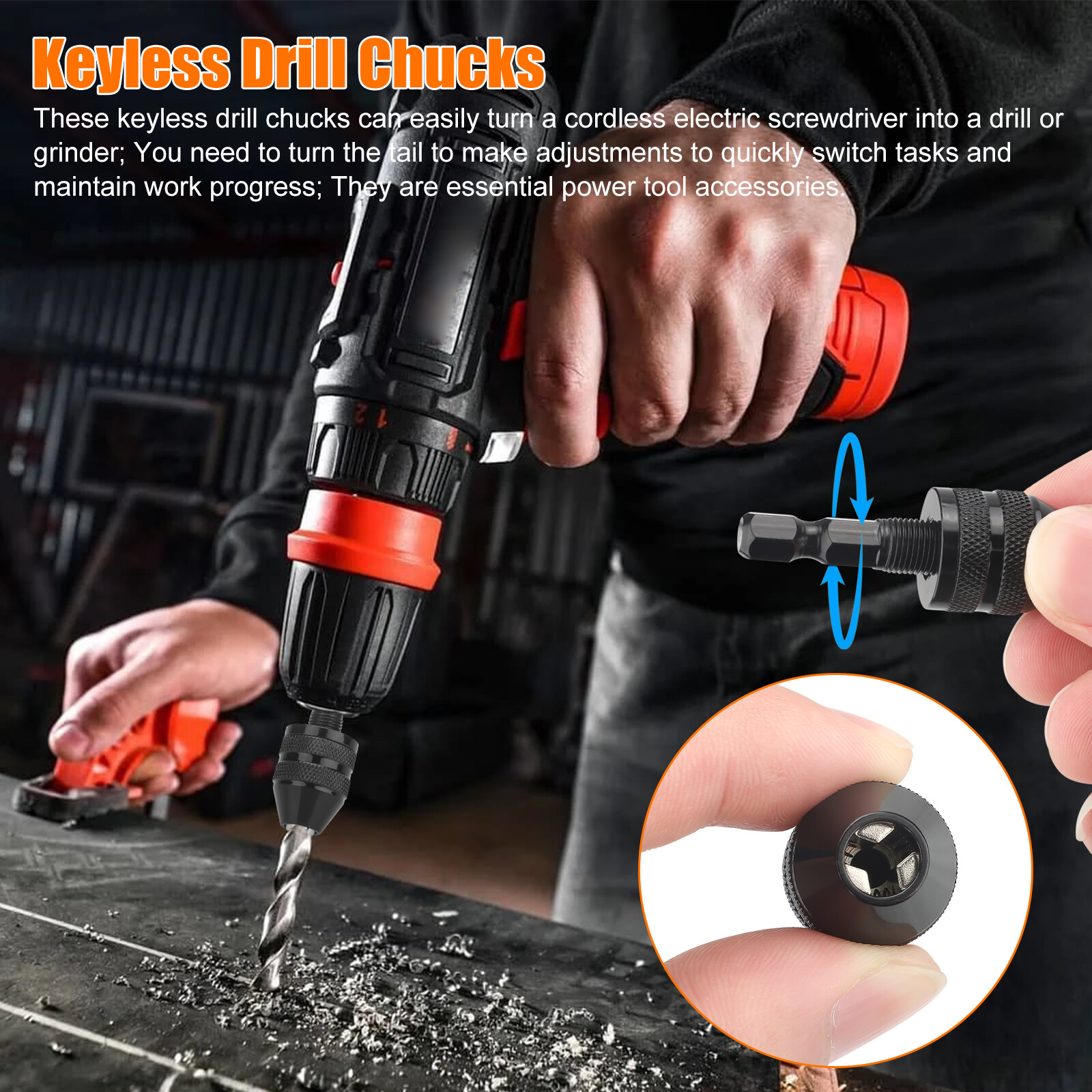 2x 1/4 Inch Hex Shank Keyless Chuck Conversion Drill Bit Adapter