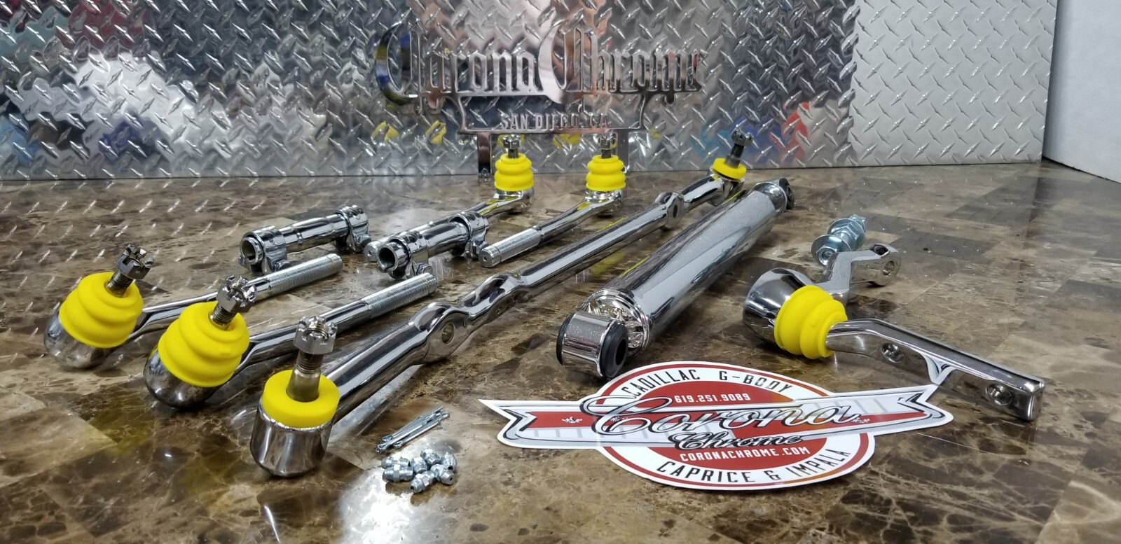 Chrome Steering Linkage Kit with Damper Shock 77-96 Cadillac/Caprice