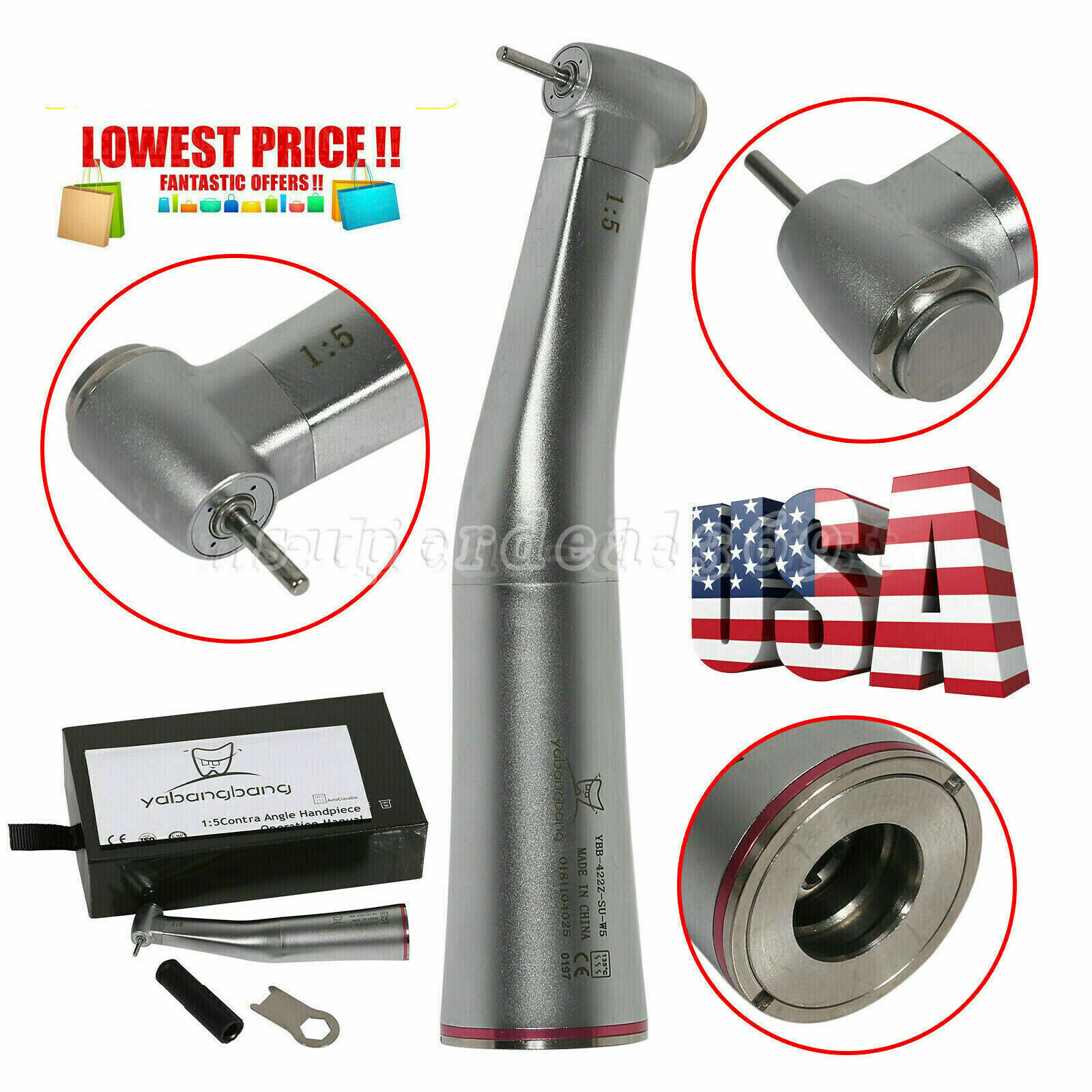 Dental 20:1/1:5/1:1 LED/No-LED Contra Angle Handpiece For NSK E-Type Motor Or