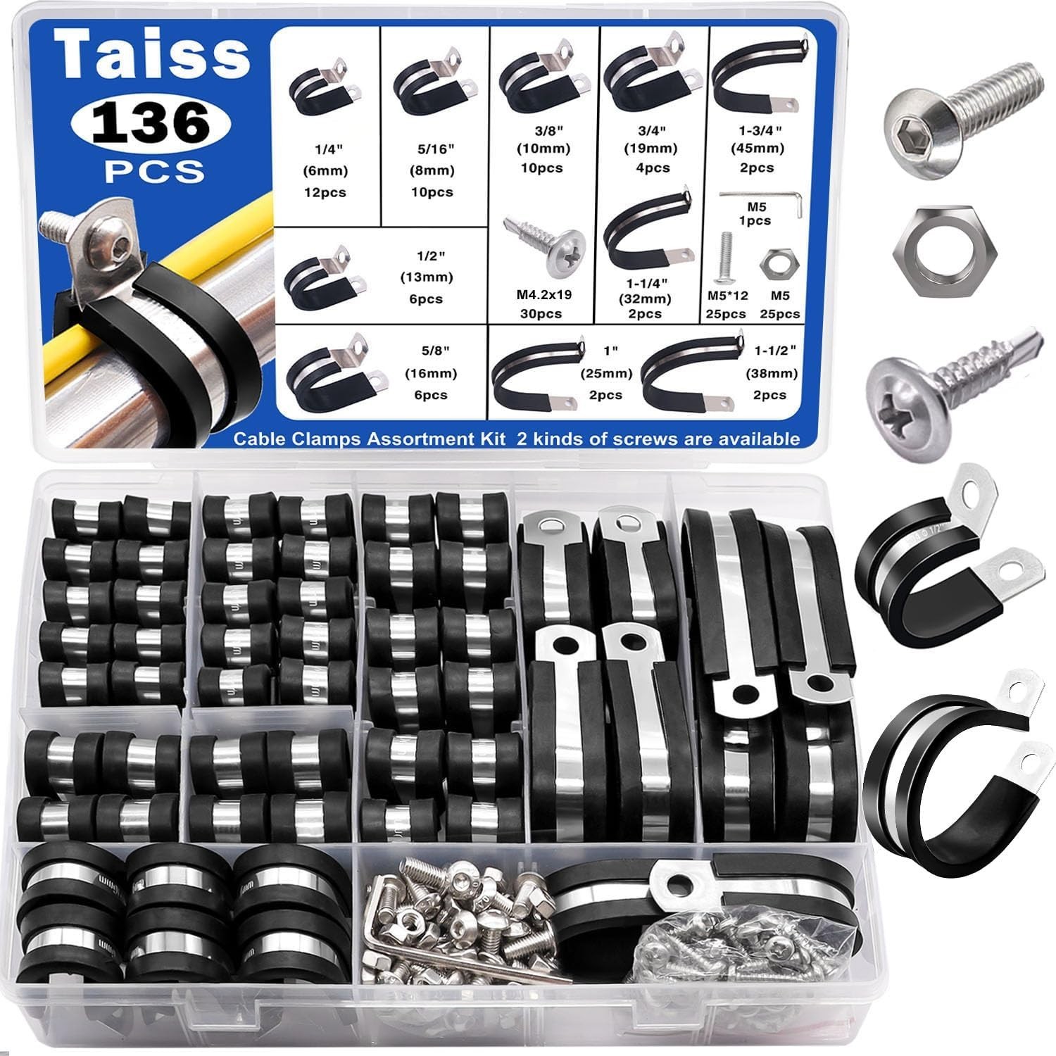 Taiss 136PCS Cable Clamps Assortment Kit 304 Stainless Steel Rubber Cushion P…