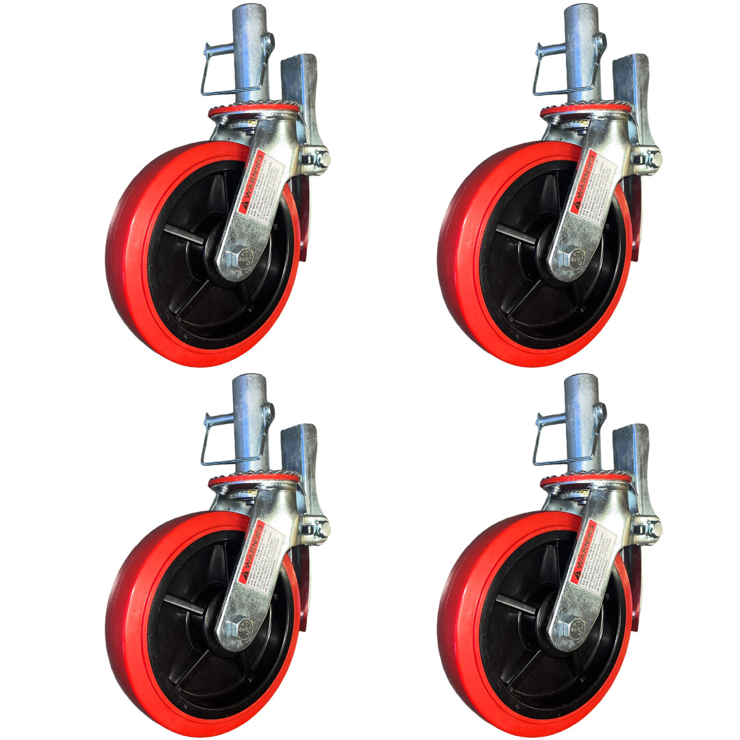 4 pcs Scaffold Caster 8″ x 2″ Red PU Wheel Locking Brake 1-1/4″ Stem with Pin