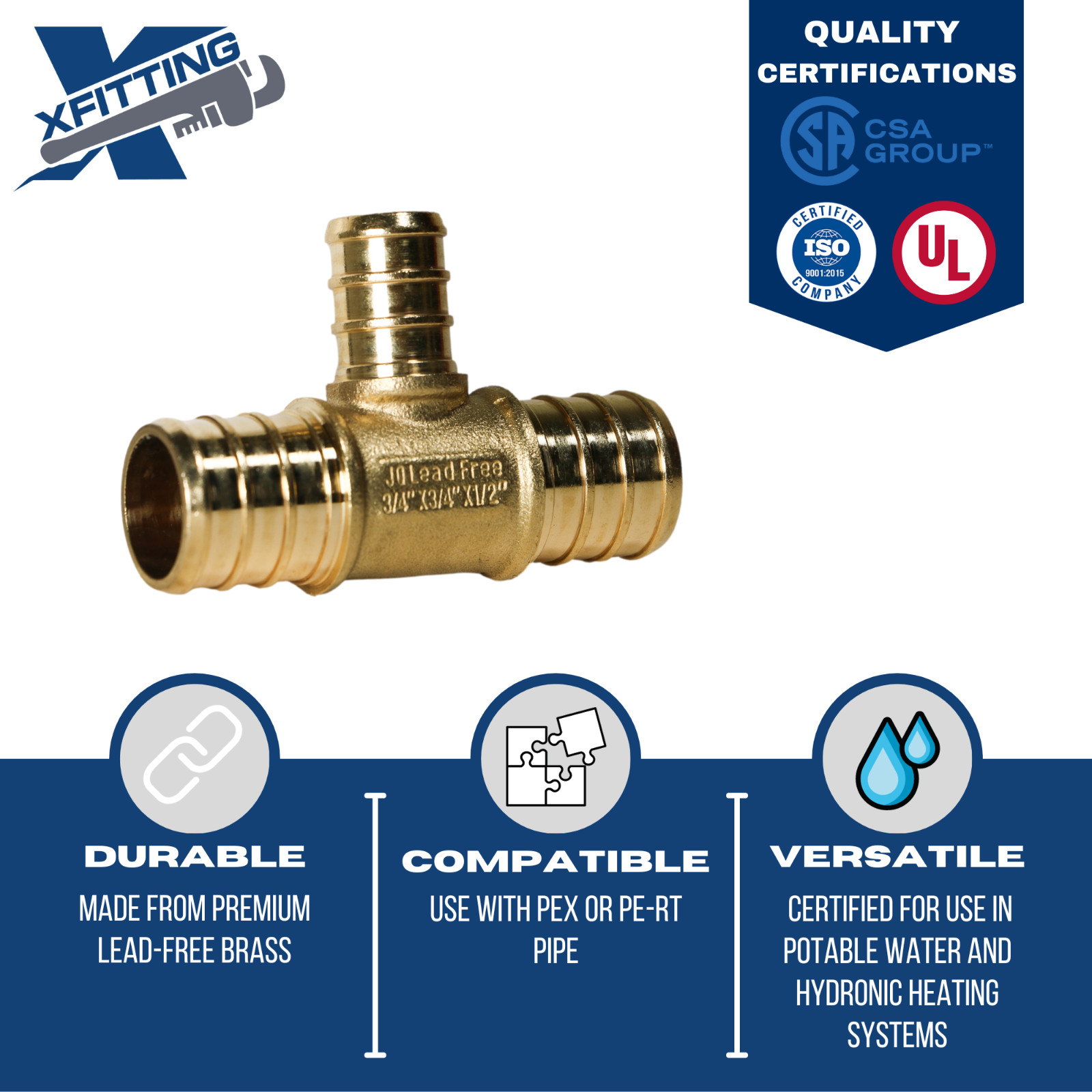 5 PCS. 3/4″ X 3/4″ X 1/2″ PEX TEE BRASS CRIMP FITTING, LEAD FREE, FOR PEX B PIPE