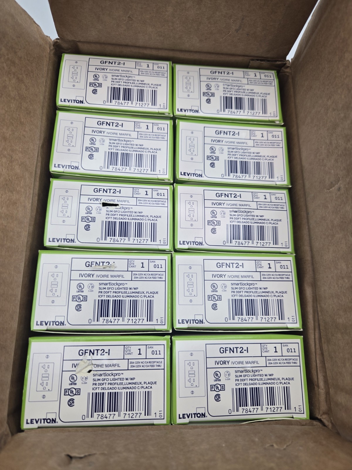 Leviton Ivory Self-Test GFCI Outlet with Wall Plate, 20A, GFNT2-I LOT OF 10