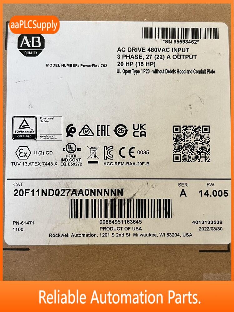 Allen Bradley 20F11ND027AA0NNNNN AB 20HP PowerFlex 753 VFD AC DRIVE New Sealed