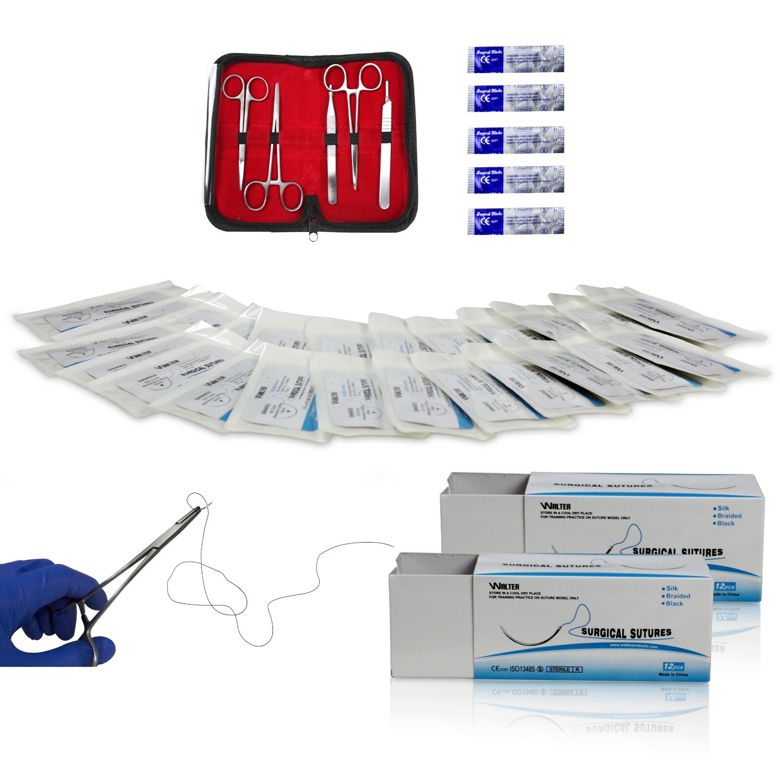 VISION VSNK25 75cm SILK Suture Thread 24PK, 5 Pcs Stainless Tools with 5 Blades