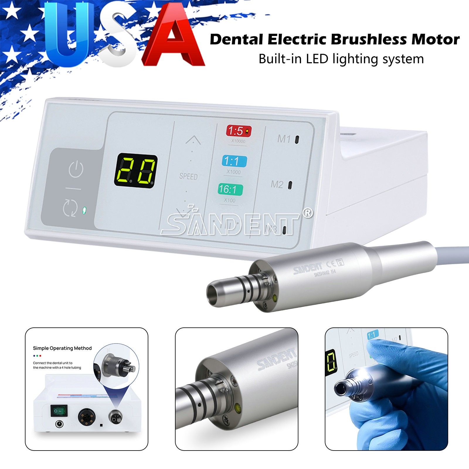 SANDENT Dental Brushless LED Electric Micro Motor 4 Holes 1:1/1:5/16:1 E-Type