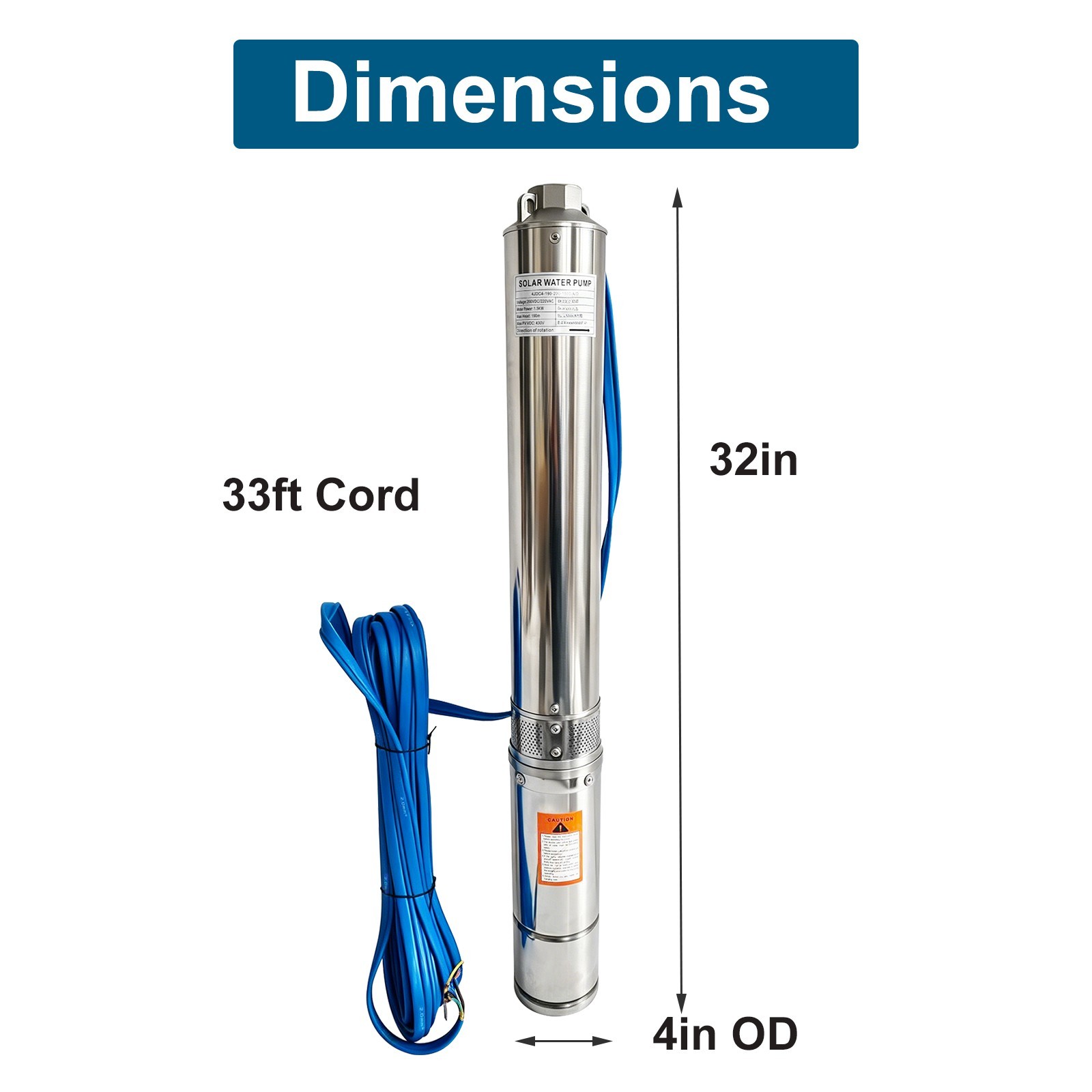 1 HP Deep Well Submersible Pump, 4″ , 207 ft Max 220V 33GPM 2000GPH 33ft Cord