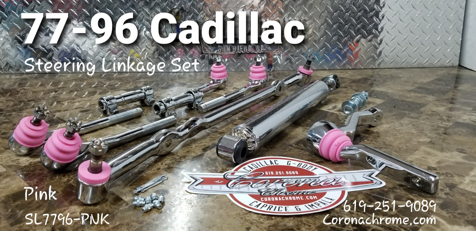Chrome Steering Linkage Kit with Damper Shock 77-96 Cadillac/Caprice