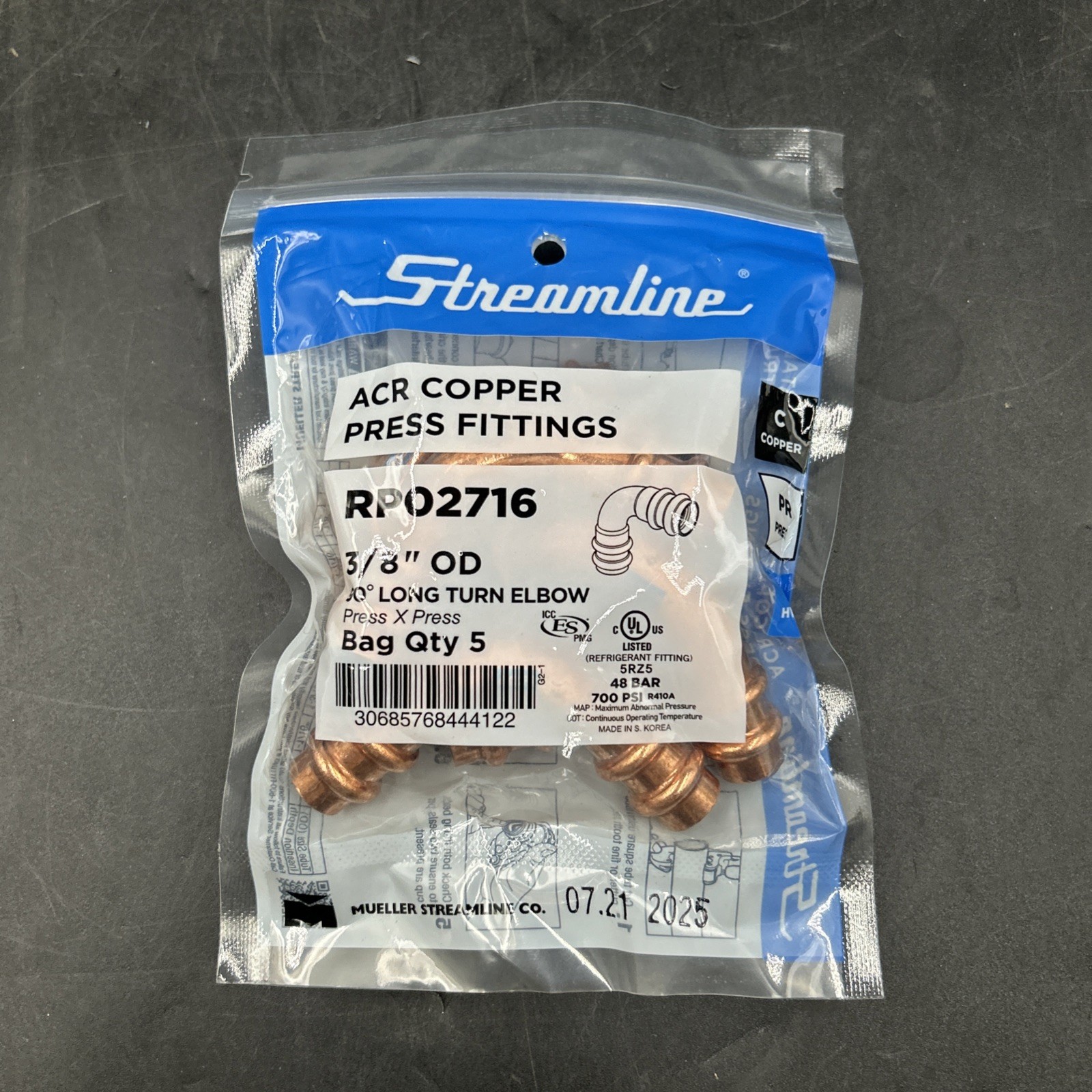 New (QTY. 5) Mueller Streamline RP02716 3/8″ ACR Copper Press Fittings 90° Elbow