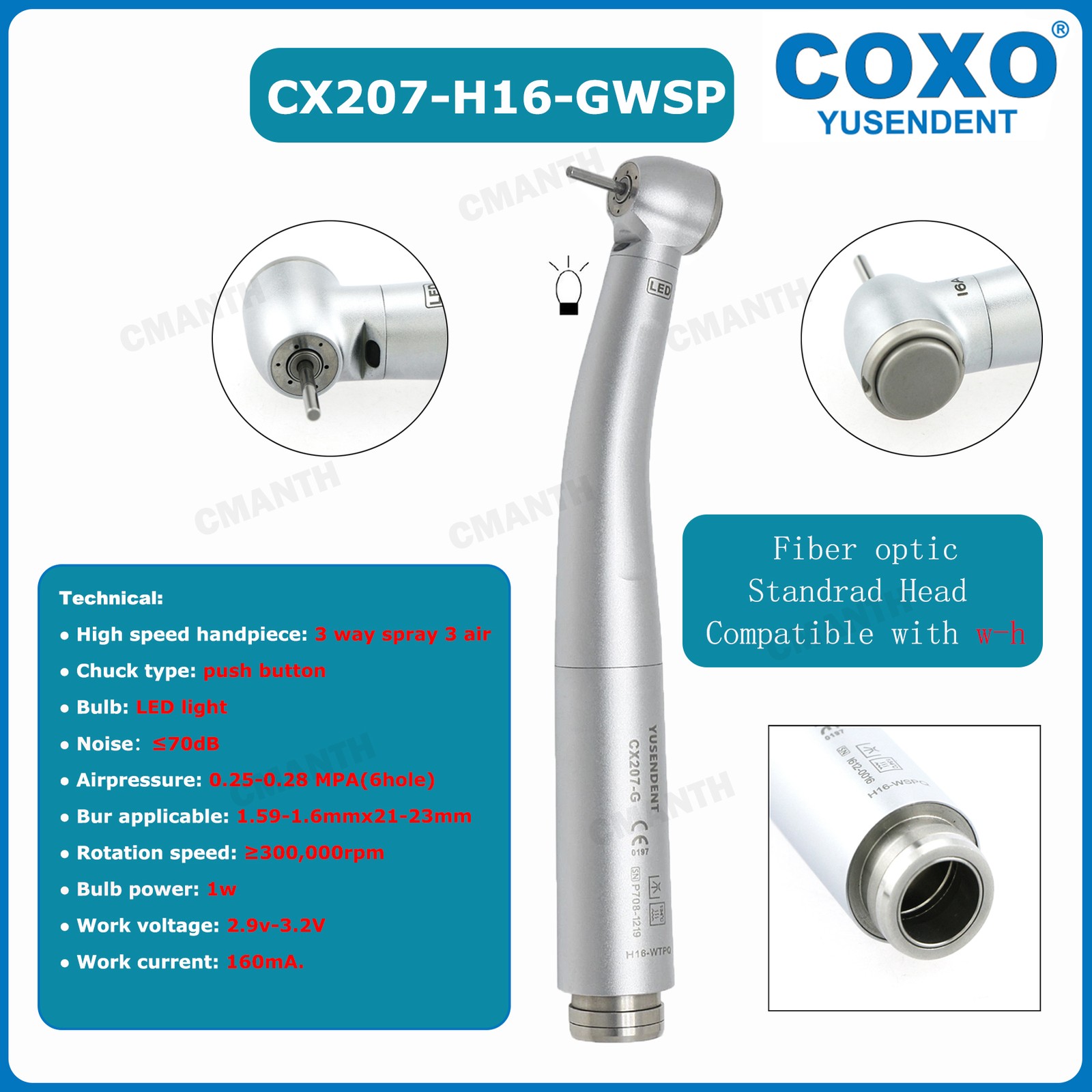 COXO Dental High Speed Handpiece Fiber Optic Turbine 6Hole LED Coupling CX207-G