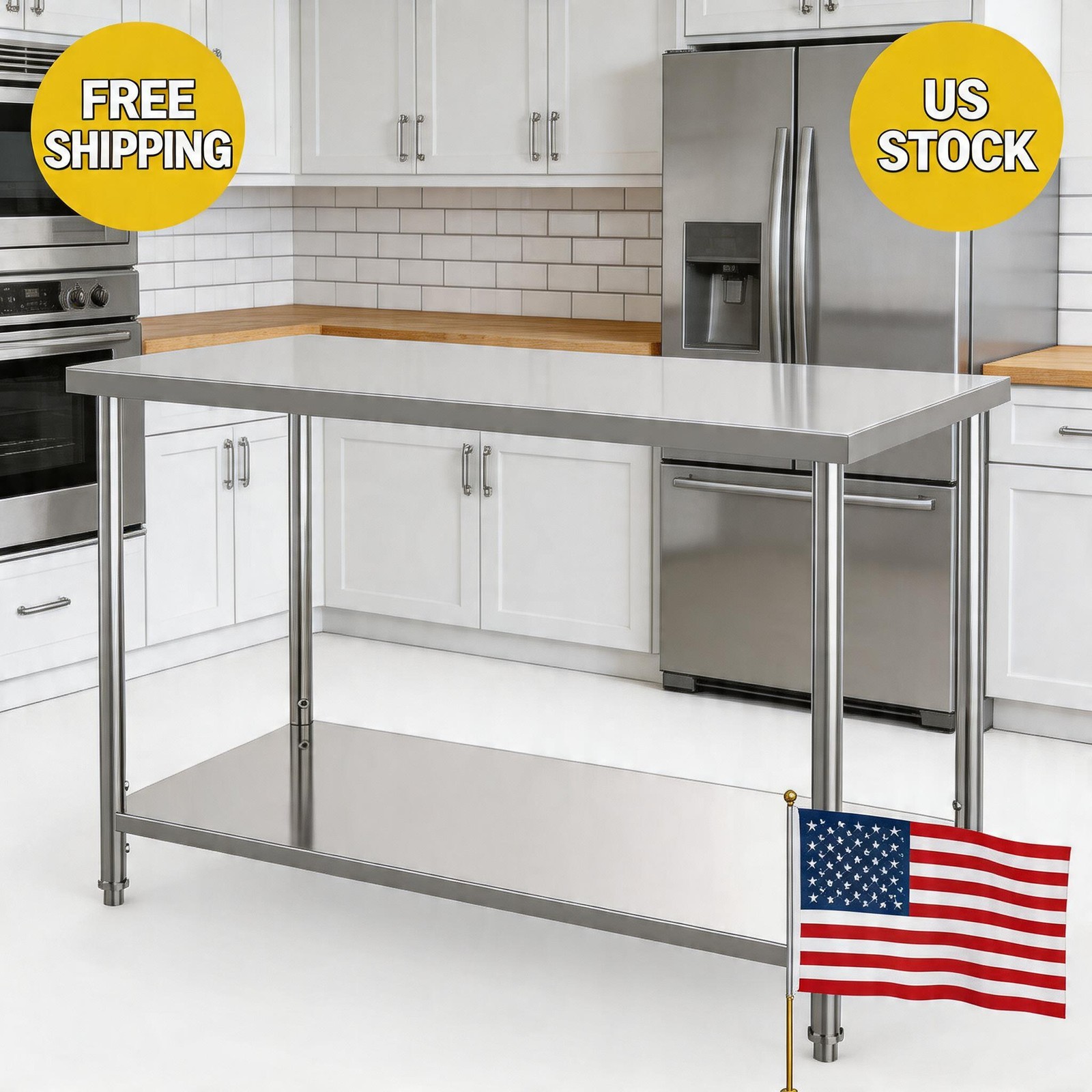 Heavy Duty 2-Tier Stainless Steel Commercial Prep Table 48″x24″x35″ Undershelf