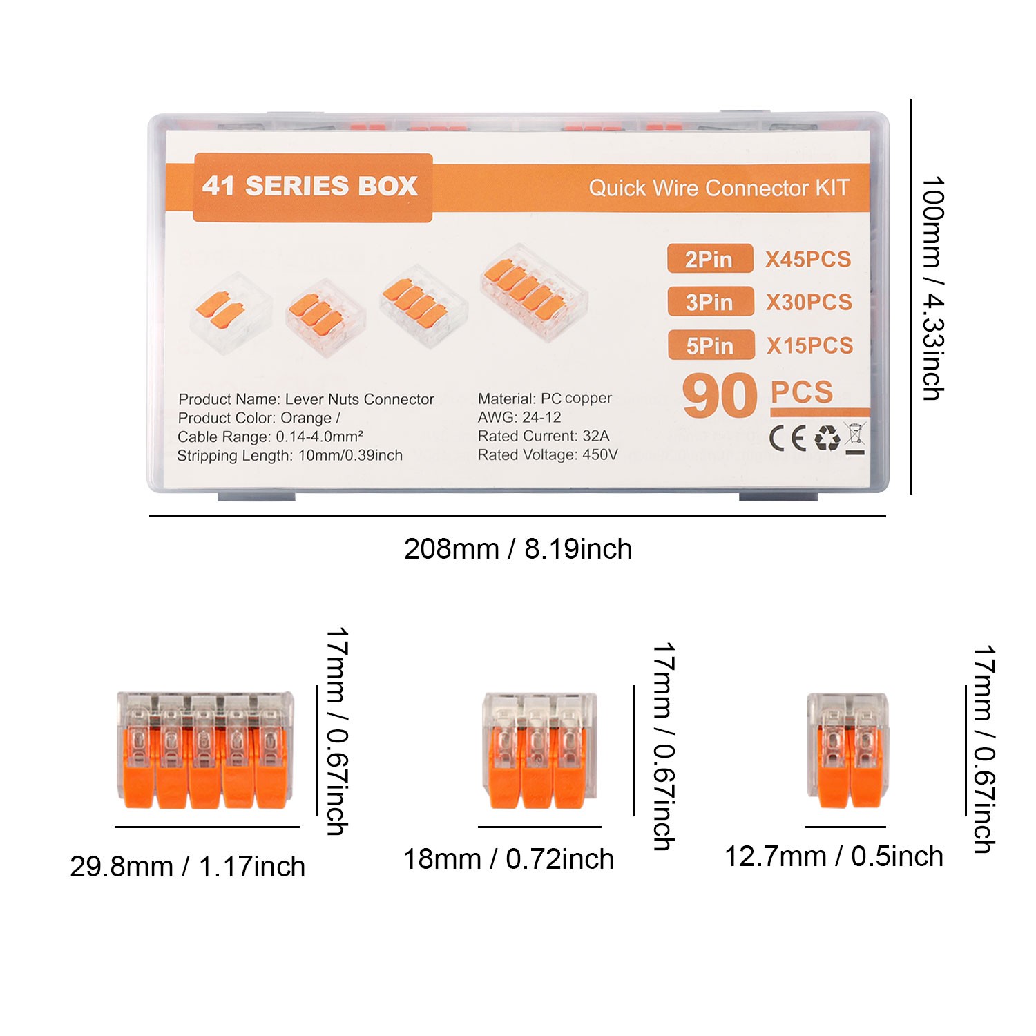 90Pcs For Wago 221 Lever Nuts Compact Splicing Wire Connectors – 2/3/5 Terminal