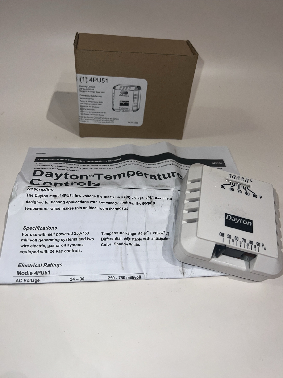 Dayton 4PU51 Low Voltage Thermostat, Hardwired, 24Vac. New & Free Shipping