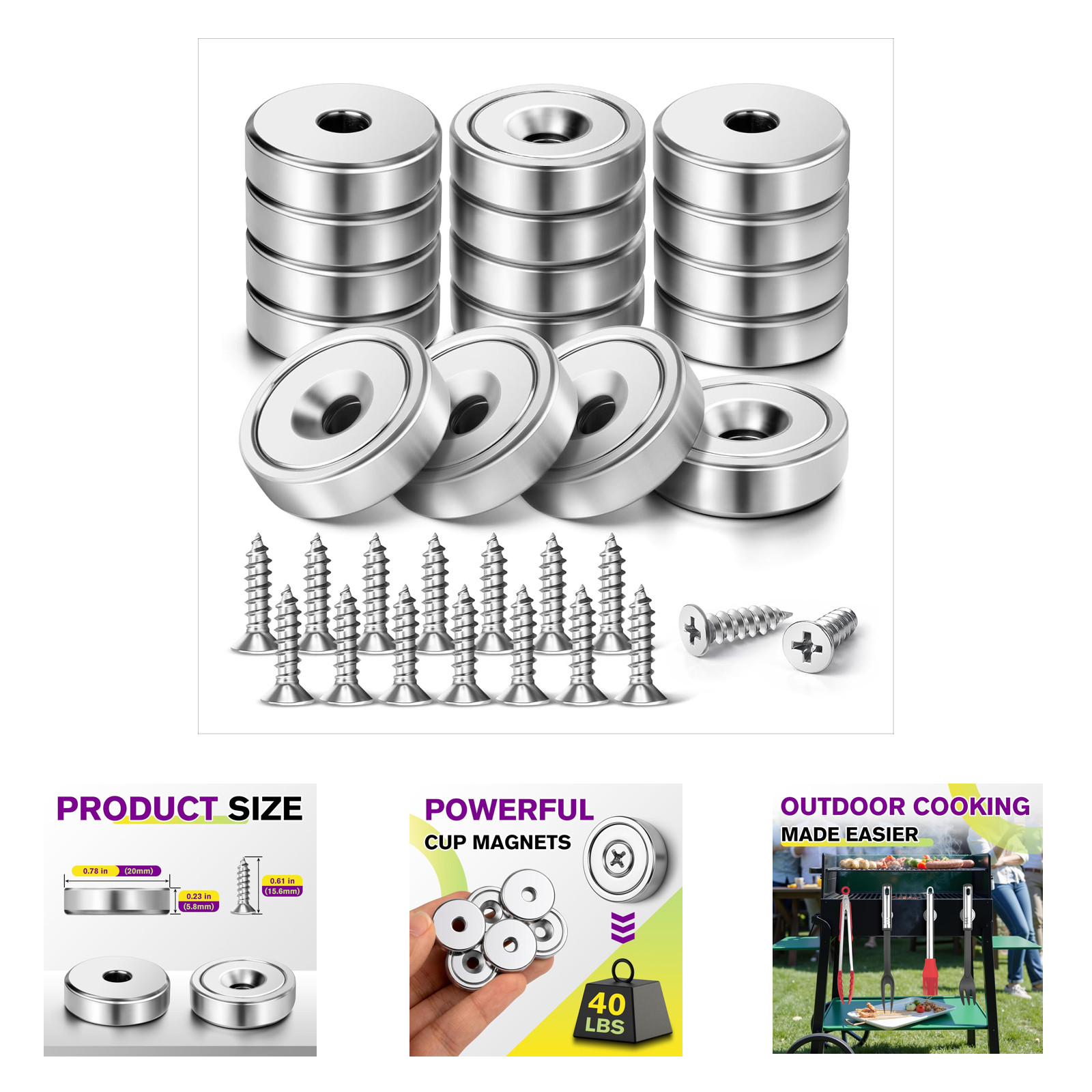 Neodymium Magnet Cup 40 lbs Strong Holding Power with Screws 0.78 Inch Wall