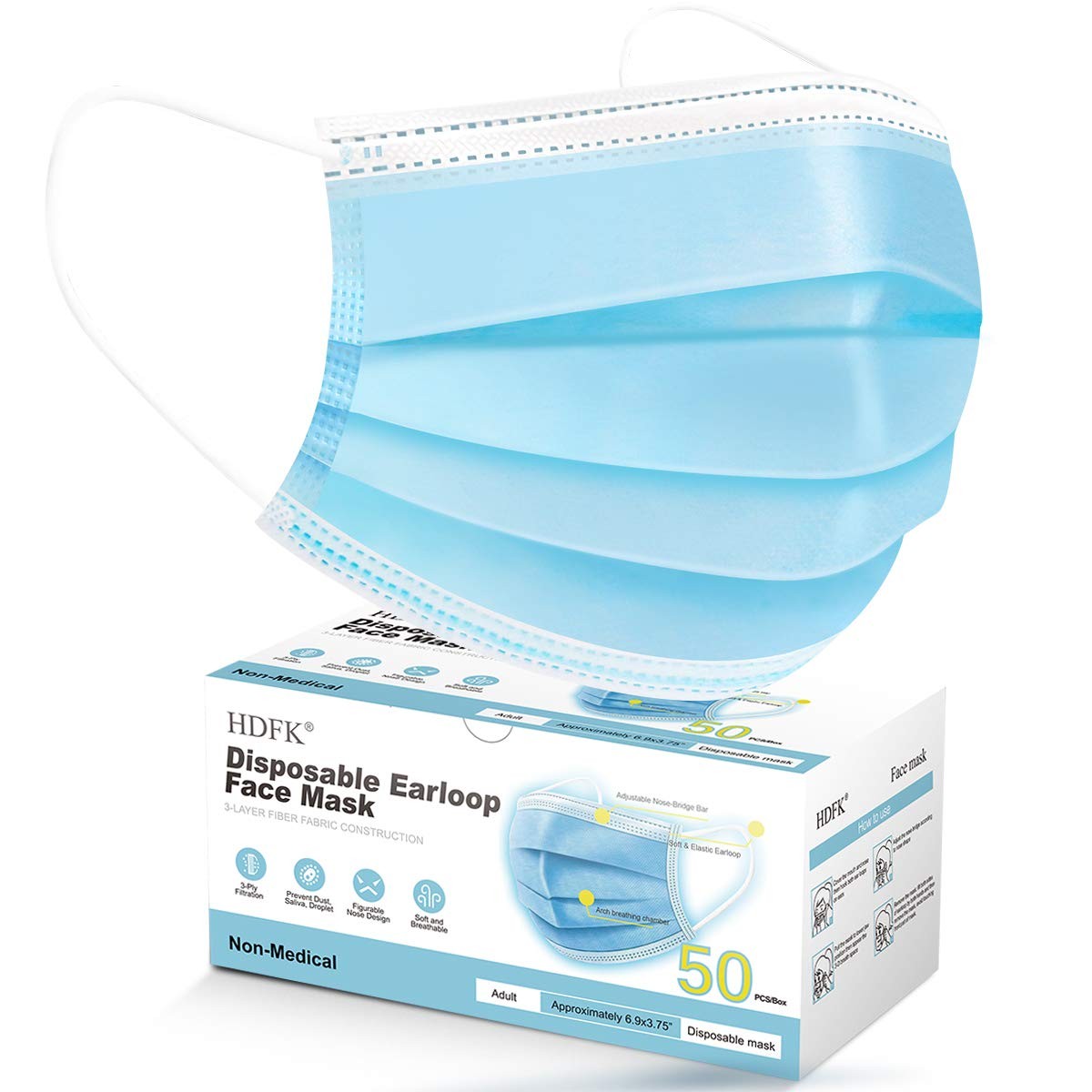HDFK Face Mask Disposable Adults 3Ply Non-Woven 1 Count (Pack of 50), Blue