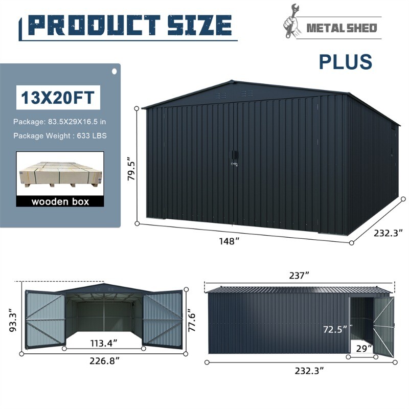 20’x13’ft Heavy Duty Metal Car Garage Shed Galvani Steel Outdoor Storage 3 Doors