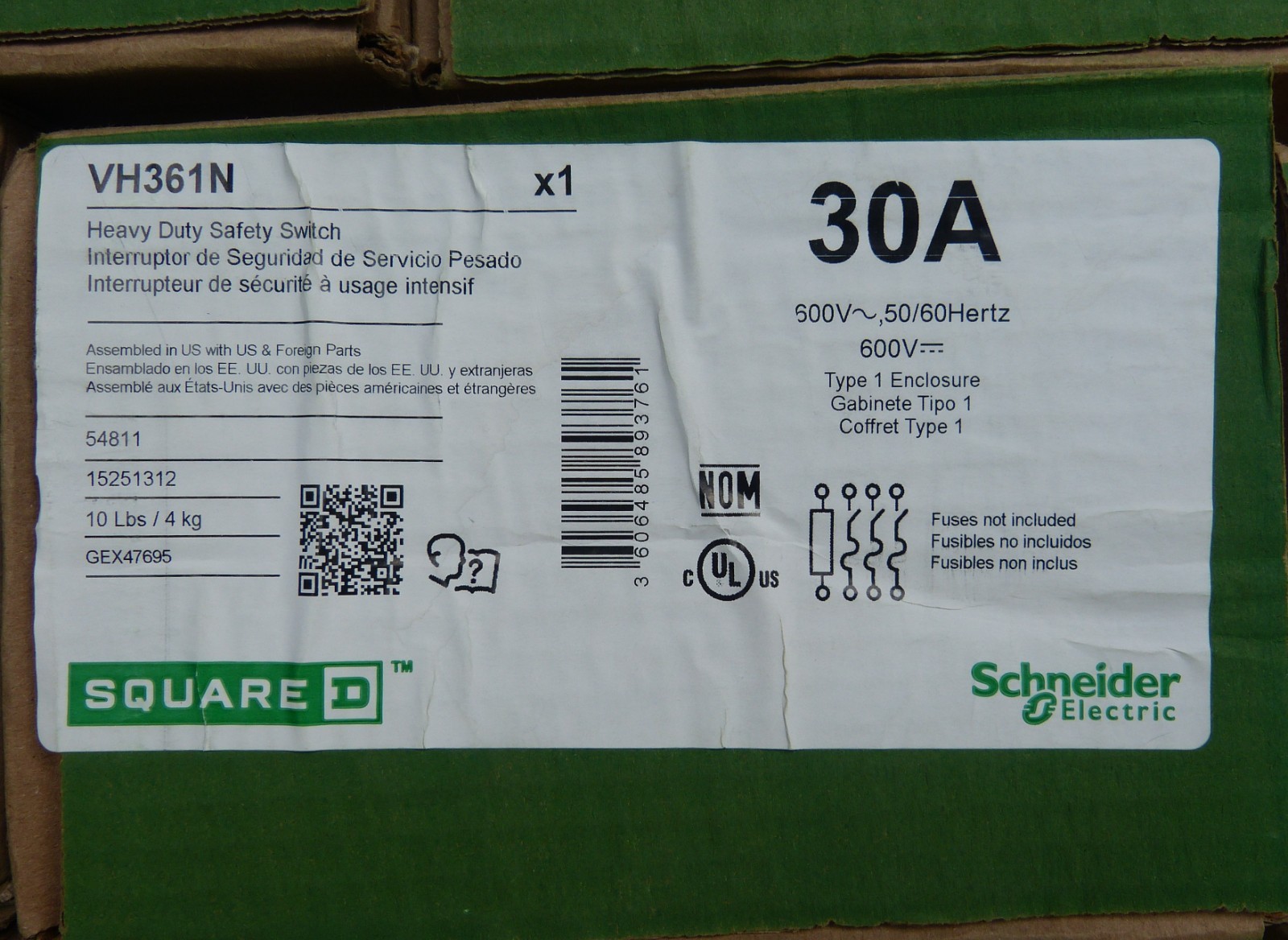Square D VH361N VisiPact Fusible Safety Disconnect Switch 30A 600V 3P 3PH Type 1