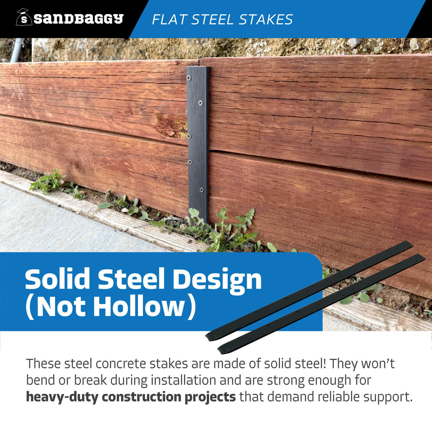 Sandbaggy 30″ Flat Steel Stakes For Concrete Forms With Nail Holes – Reusable