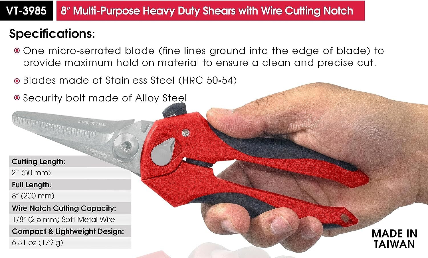 VT-3985 – vSHEARS 8″ Multi-Purpose Shears w/ Wire Cutting Notch by Vampire Tools