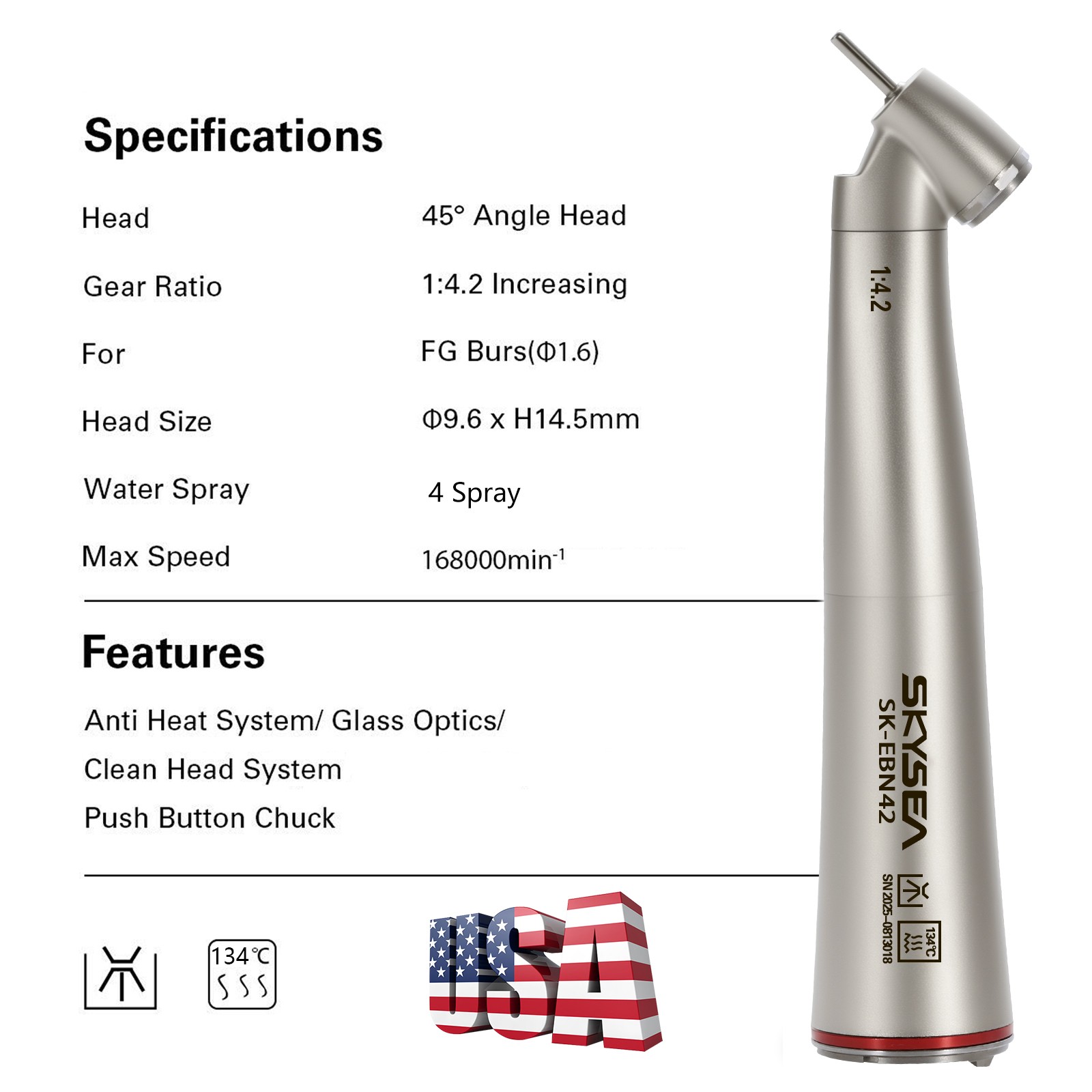 Dental 1:4.2 Increasing LED Contra Angle Surgical 45° Fiber Optic Handpiece