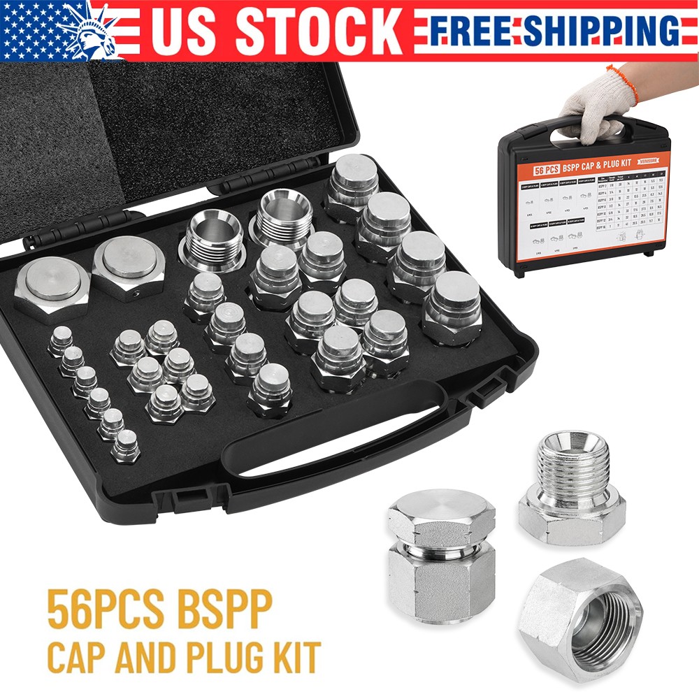 56 PCS BSPP Hydraulic Cap and Plug Kit with Precision Threading Galvanized Steel