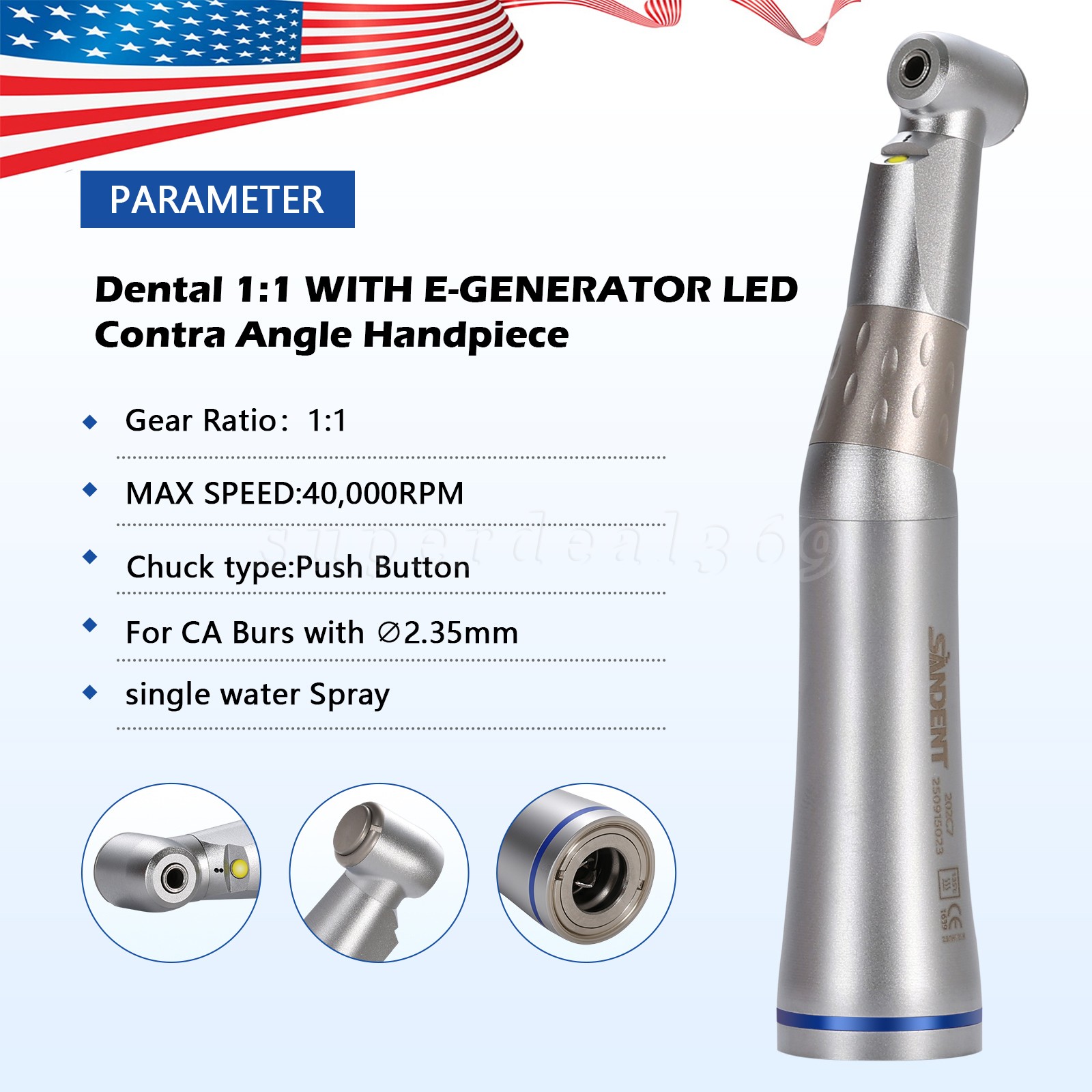 SANDENT Dental LED E-generator Internal Spray Contra Angle Slow Speed Handpiece